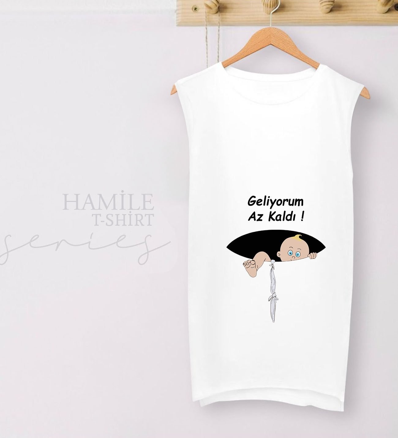 BK Gift Esprili Tasarım Beyaz Sıfır Kol Hamile Tişört-3, Hamile Giyim, Eşe Hediye görsel 2