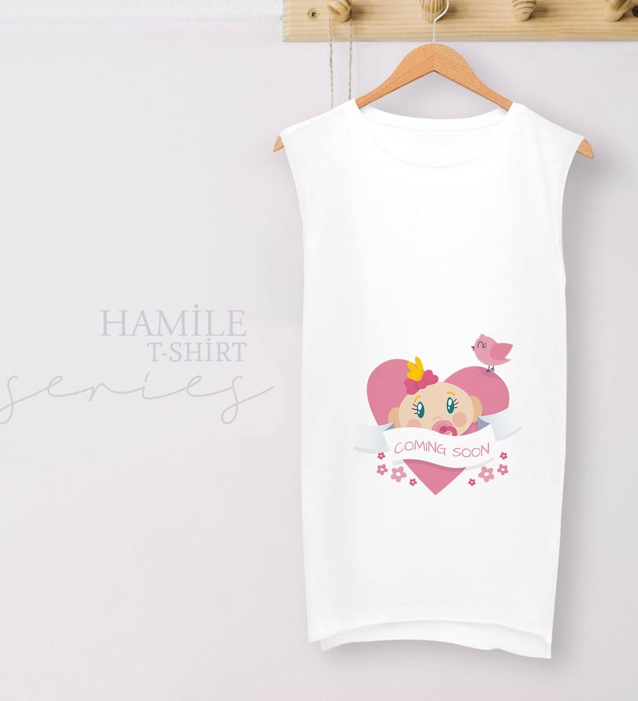 BK Gift Coming Soon Tasarımlı Beyaz Sıfır Kol Hamile Tişört-2, Hamile Giyim, Eşe Hediye görsel 2