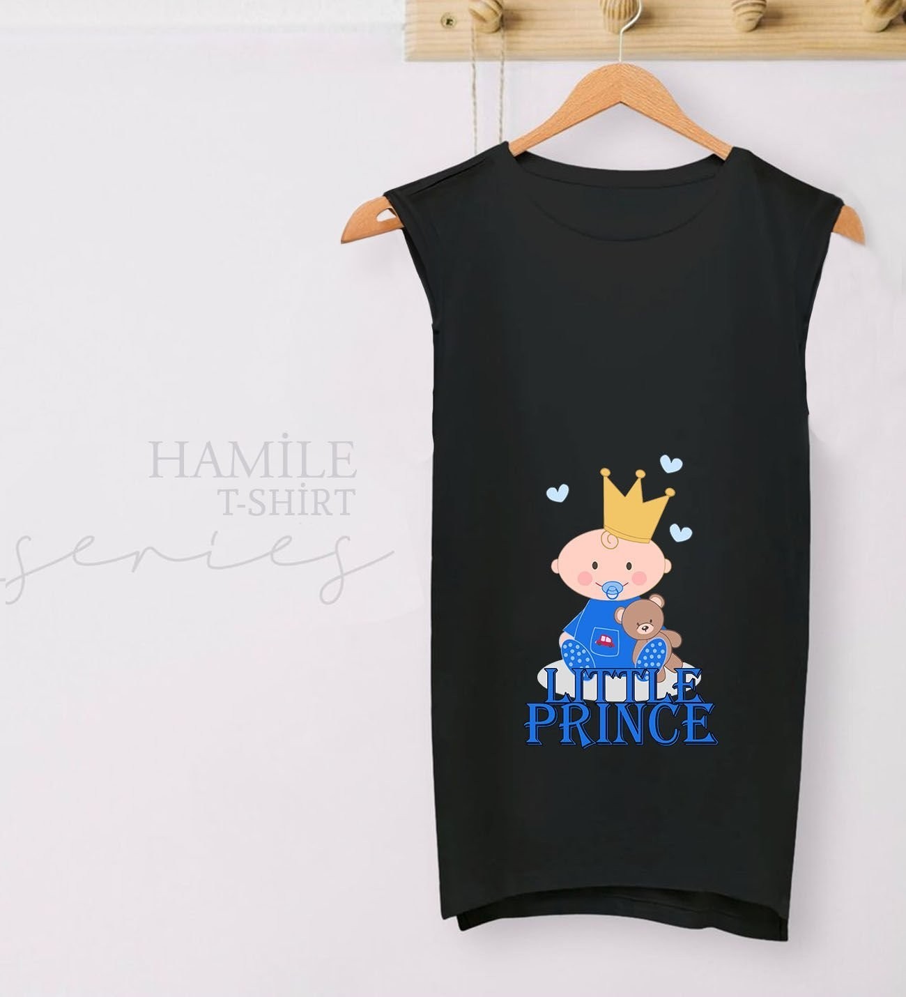 BK Gift Little Prince Tasarımlı Siyah Sıfır Kol Hamile Tişört-1, Hamile Giyim, Eşe Hediye görsel 2