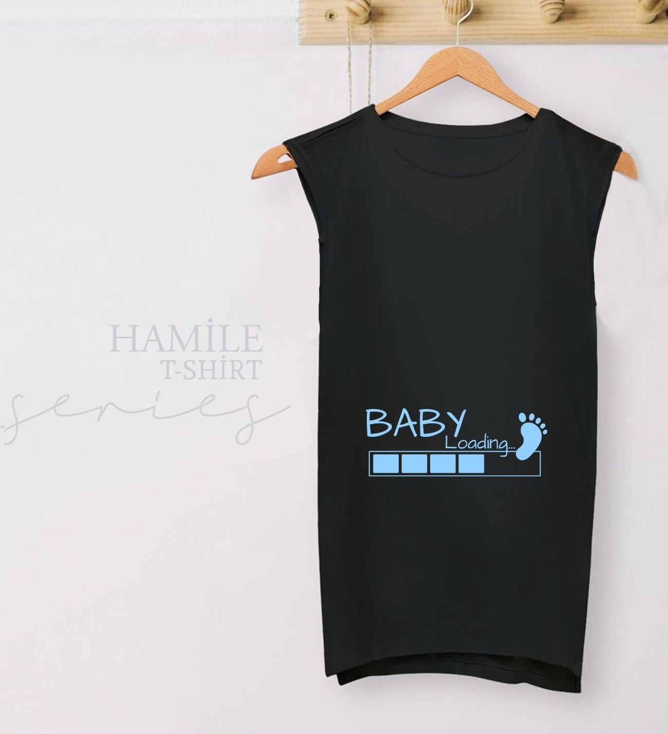 BK Gift Baby Loading Tasarımlı Siyah Sıfır Kol Hamile Tişört-2, Hamile Giyim, Eşe Hediye görsel 2