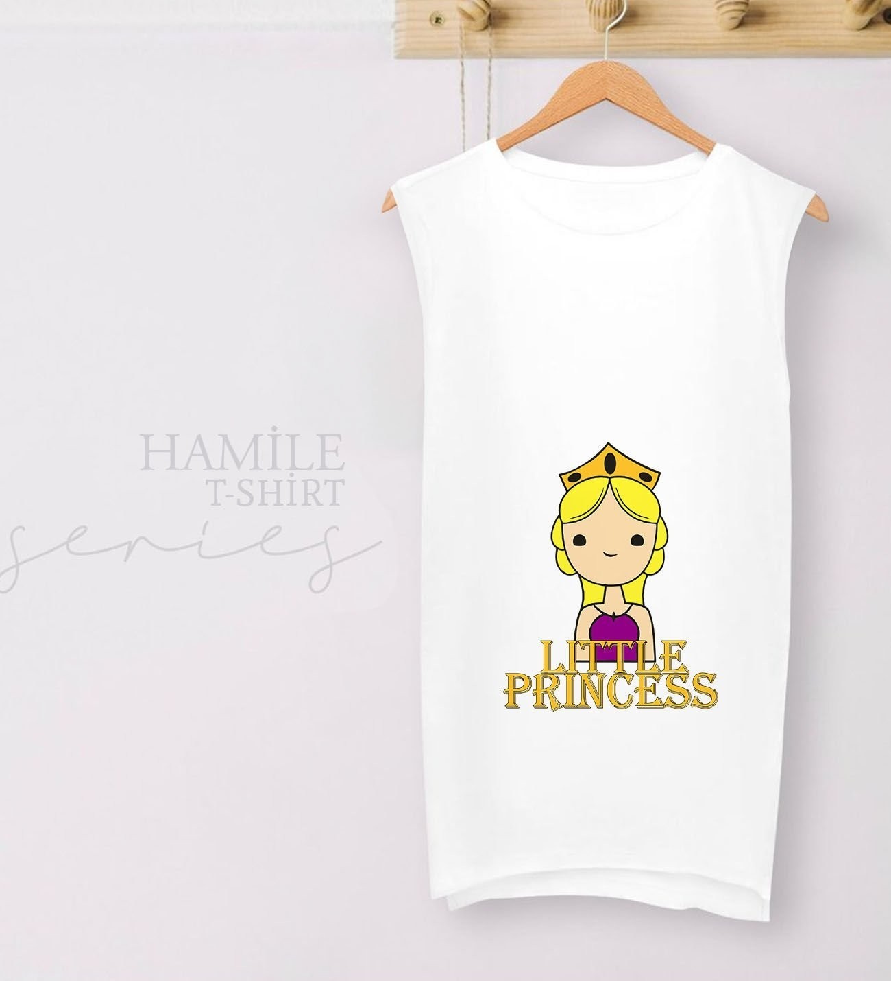 BK Gift Little Princess Tasarımlı Beyaz Sıfır Kol Hamile Tişört-1, Hamile Giyim, Eşe Hediye görsel 2