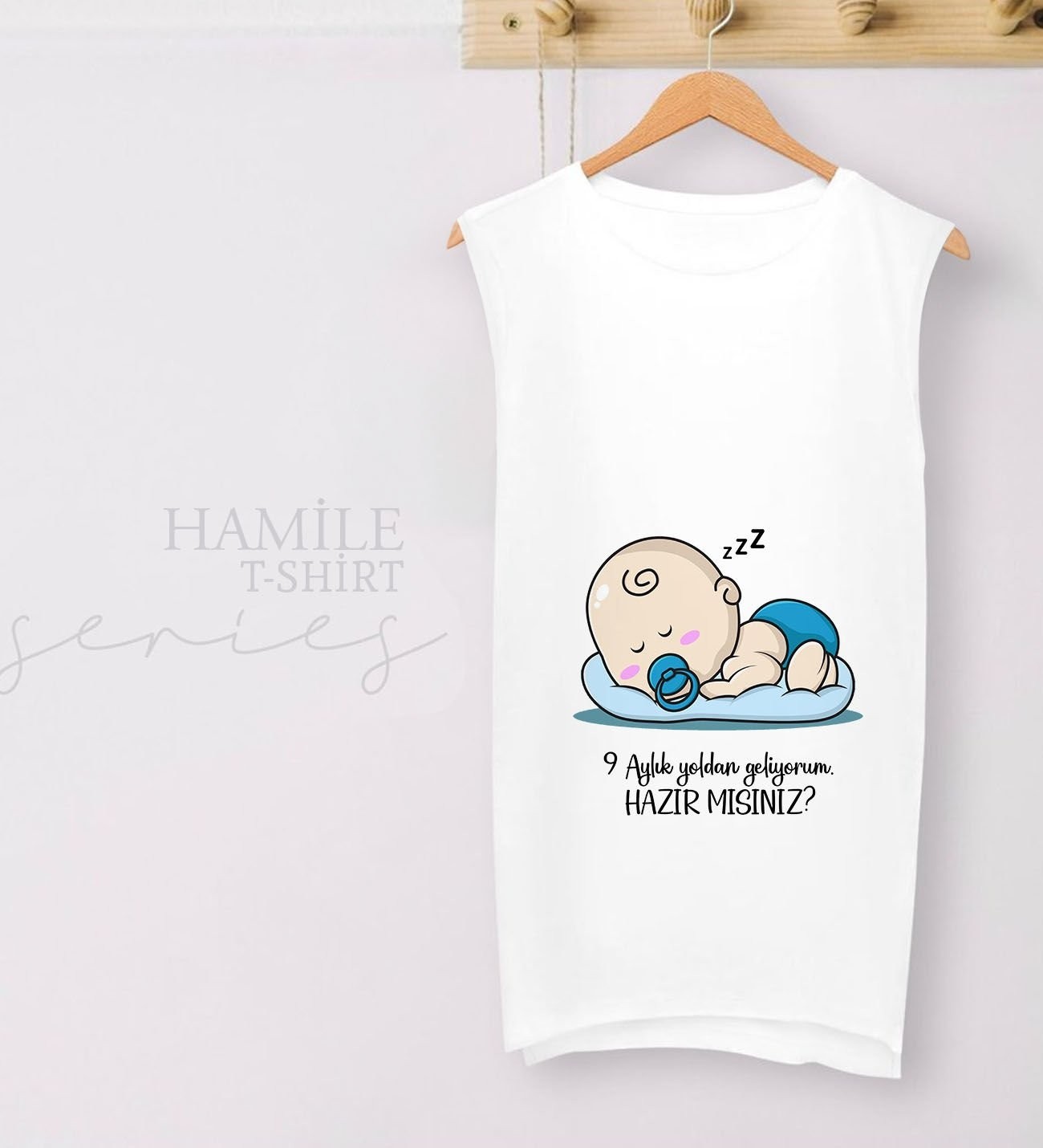 BK Gift Esprili Tasarım Beyaz Sıfır Kol Hamile Tişört-2, Hamile Giyim, Eşe Hediye görsel 2