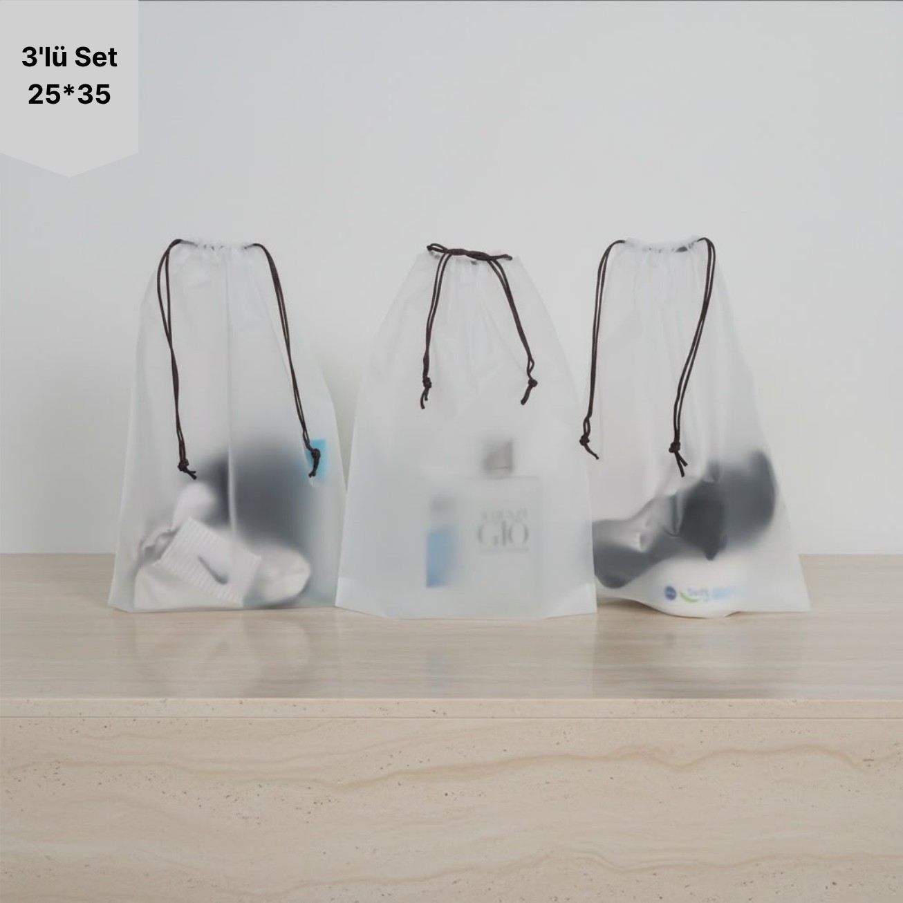 Meapuff 3lü Set 25*35CM (Medium) Su Geçirmez Büzme İpli Tatil Çantası