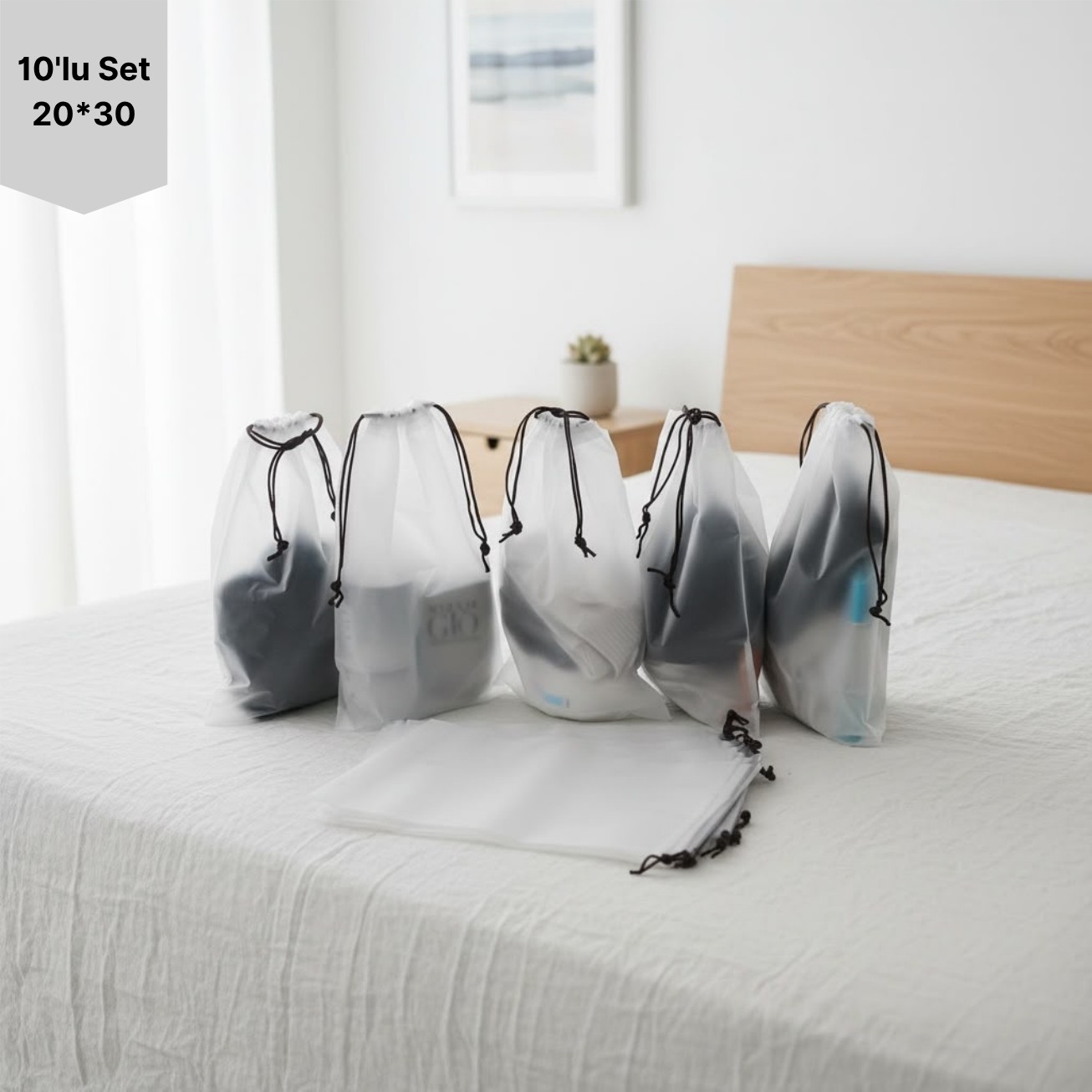 Meapuff 10LU Set 20*30CM (Small) Su Geçirmez Büzme İpli Tatil Çantası