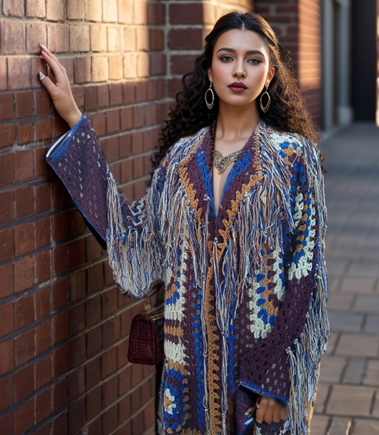 Hippy Butik Hippybutik Çok Renkli Hippy Tarzı Tığ Dokuma Elişi Tasarım Püsküllü Hırka Astarsız Ceket /hırka