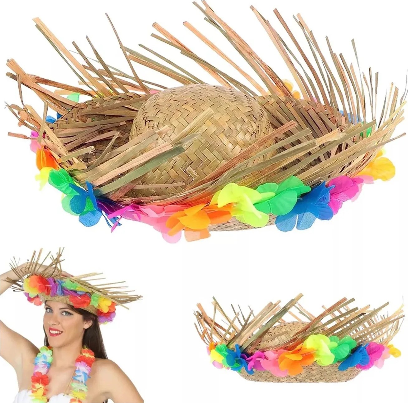 TeknoKapsül Naturel Renk Püsküllü Örme Hasır Hawaii Luau Ha Şapka 13X36 cm görsel 2