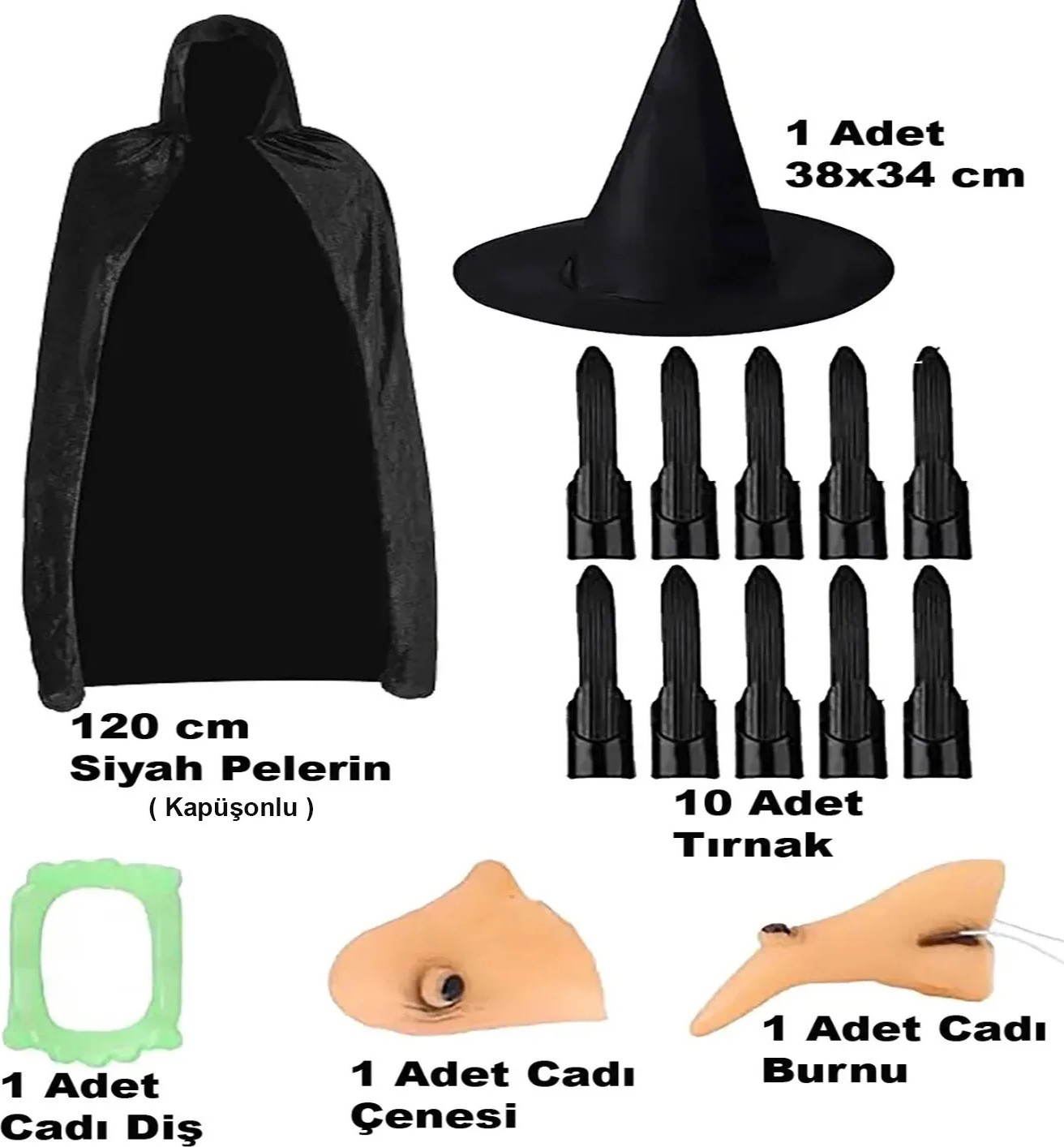 TeknoKapsül Siyah Kapüşonlu Pelerin 120 cm Tırnaklar Diş Çene B ve Şapka Seti