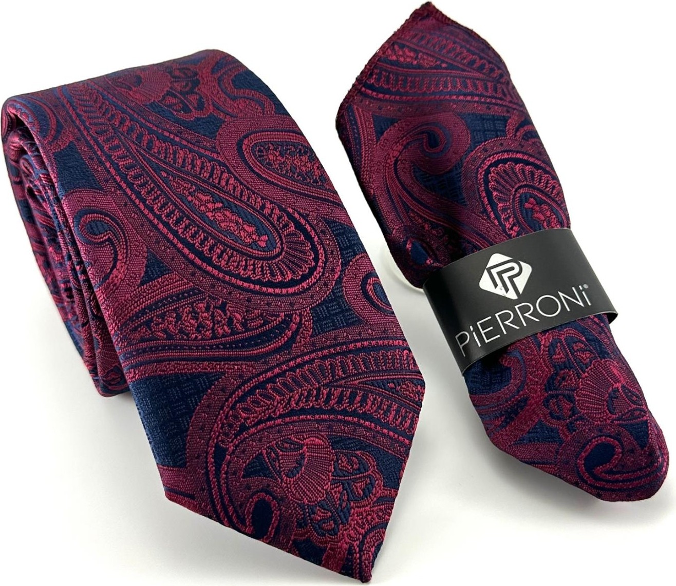 Pierroni Lacivert Bordo Şal Desenli Microfiber Kravat Şıklık Vurgusu ile Özel Günler İçin