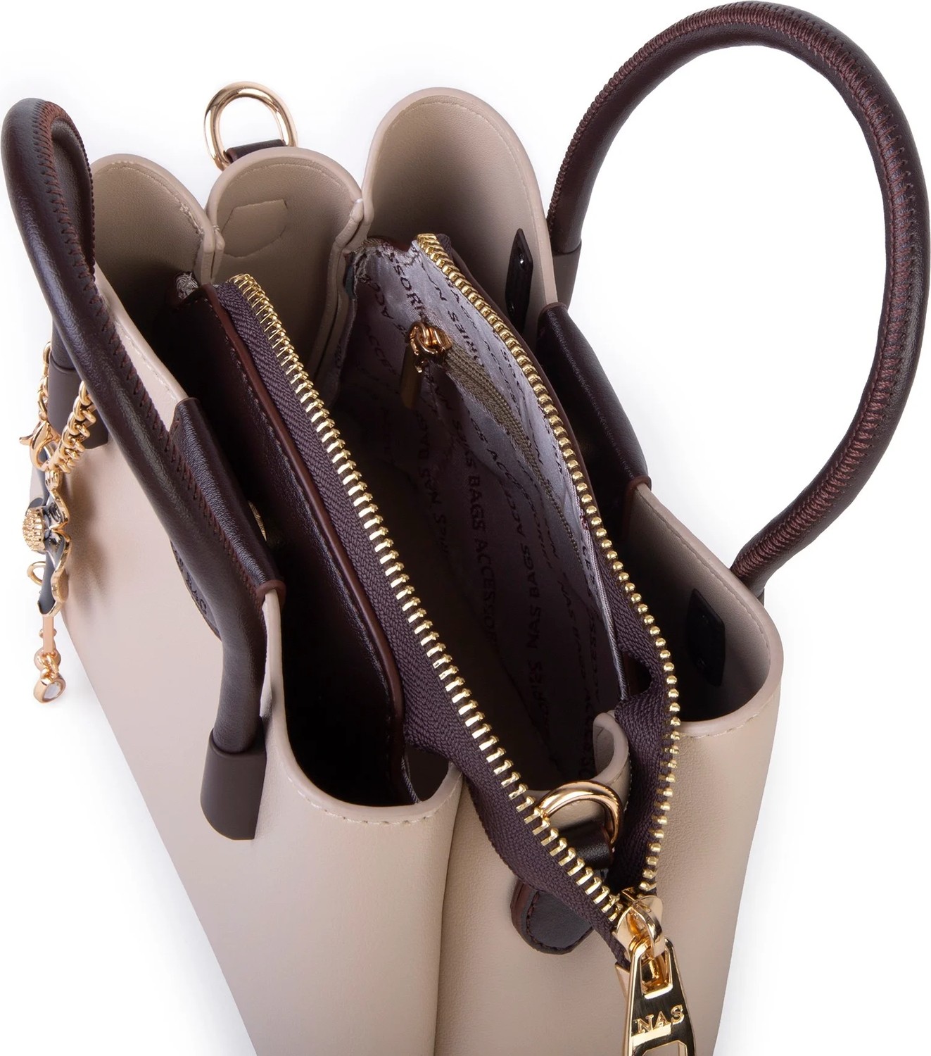 Nas Bag Mini Çiçek Charmlı Kadın Şık El ve Çapraz Çanta (En 25 cm ;boy 22 cm ) Kum Kahve görsel 4