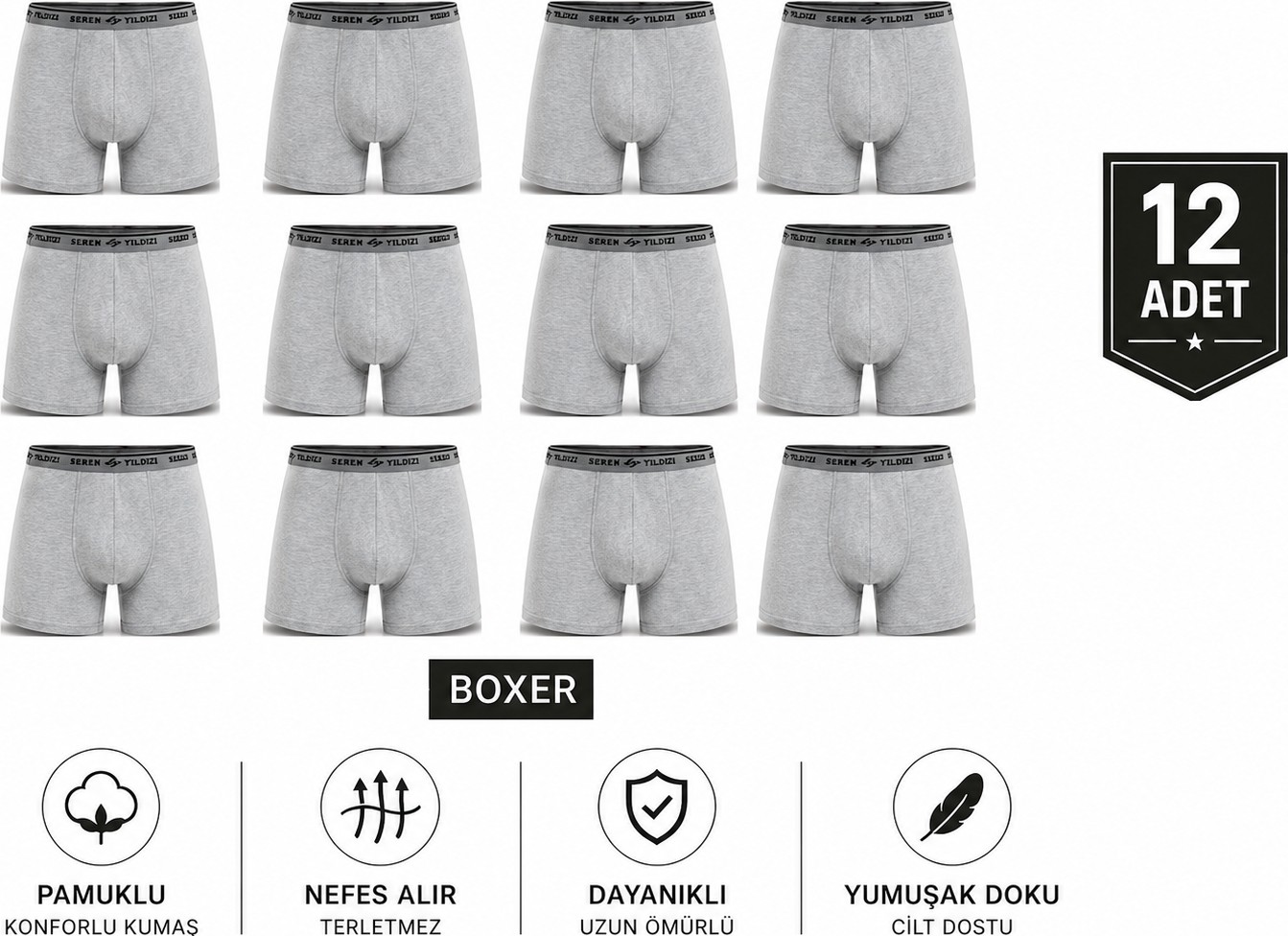 Abani Classic 12’lı Paket Erkek Boxer Külot Asker Iç Çamaşırı - Terletmeyen Nefes Alan Kumaş Haki