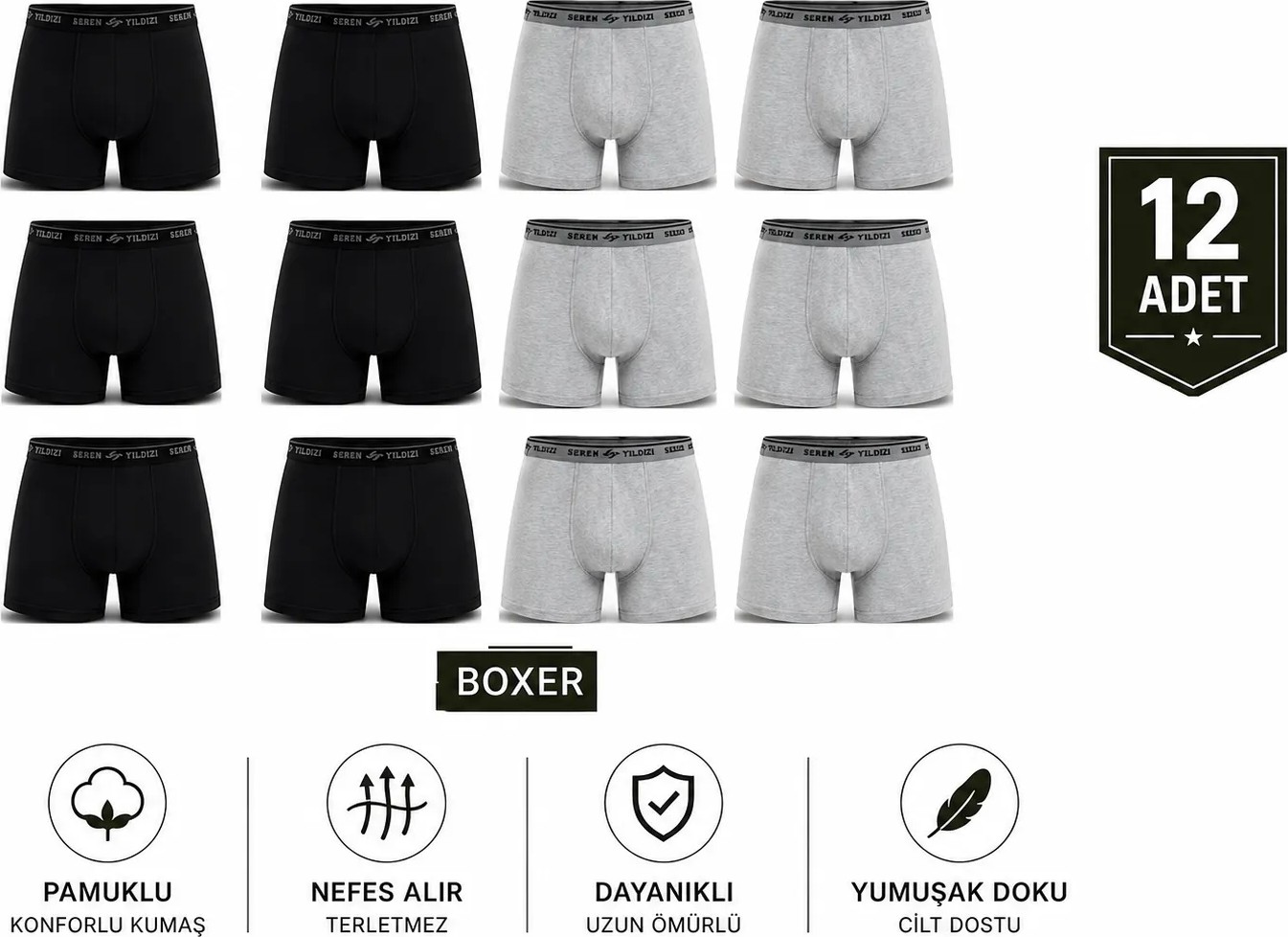 Abani Classic 12’lı Paket Erkek Boxer Külot Asker Iç Çamaşırı - Terletmeyen Nefes Alan Kumaş Haki görsel 3