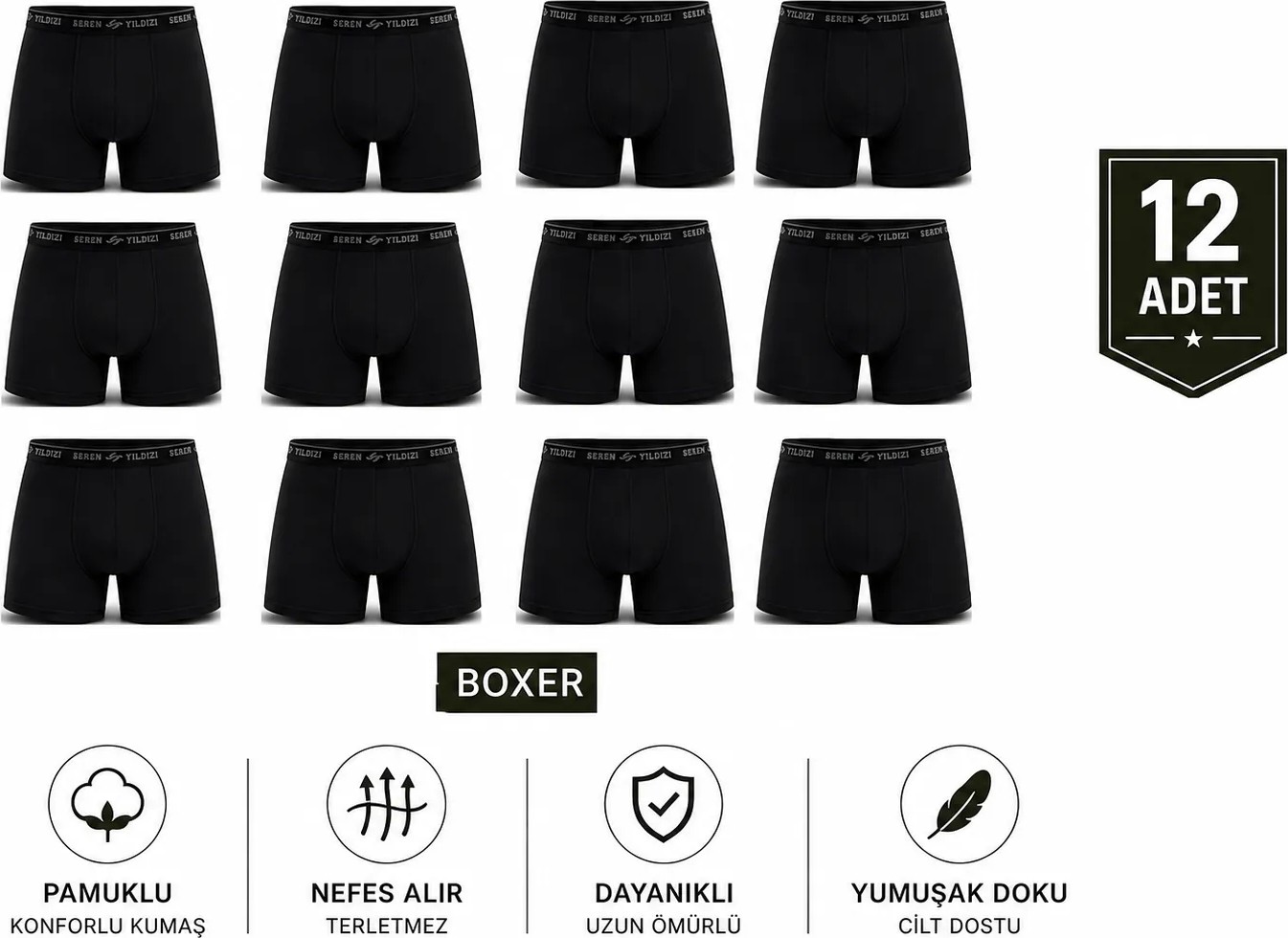 Abani Classic 12’lı Paket Erkek Boxer Külot Asker Iç Çamaşırı - Terletmeyen Nefes Alan Kumaş Haki görsel 7