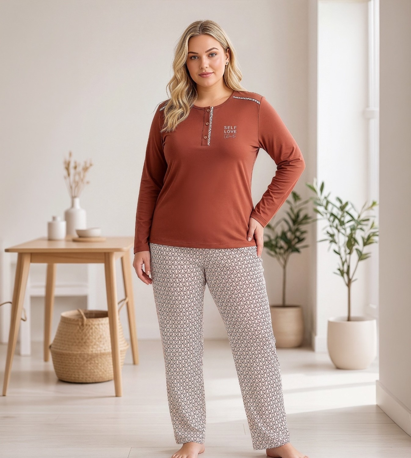 Flz Kadın Büyük Beden Kışlık Viskon Pijama Takımı 3xl 4xl 5xl 6xl | Uzun Kollu 3 Düğmeli B89-101 görsel 4
