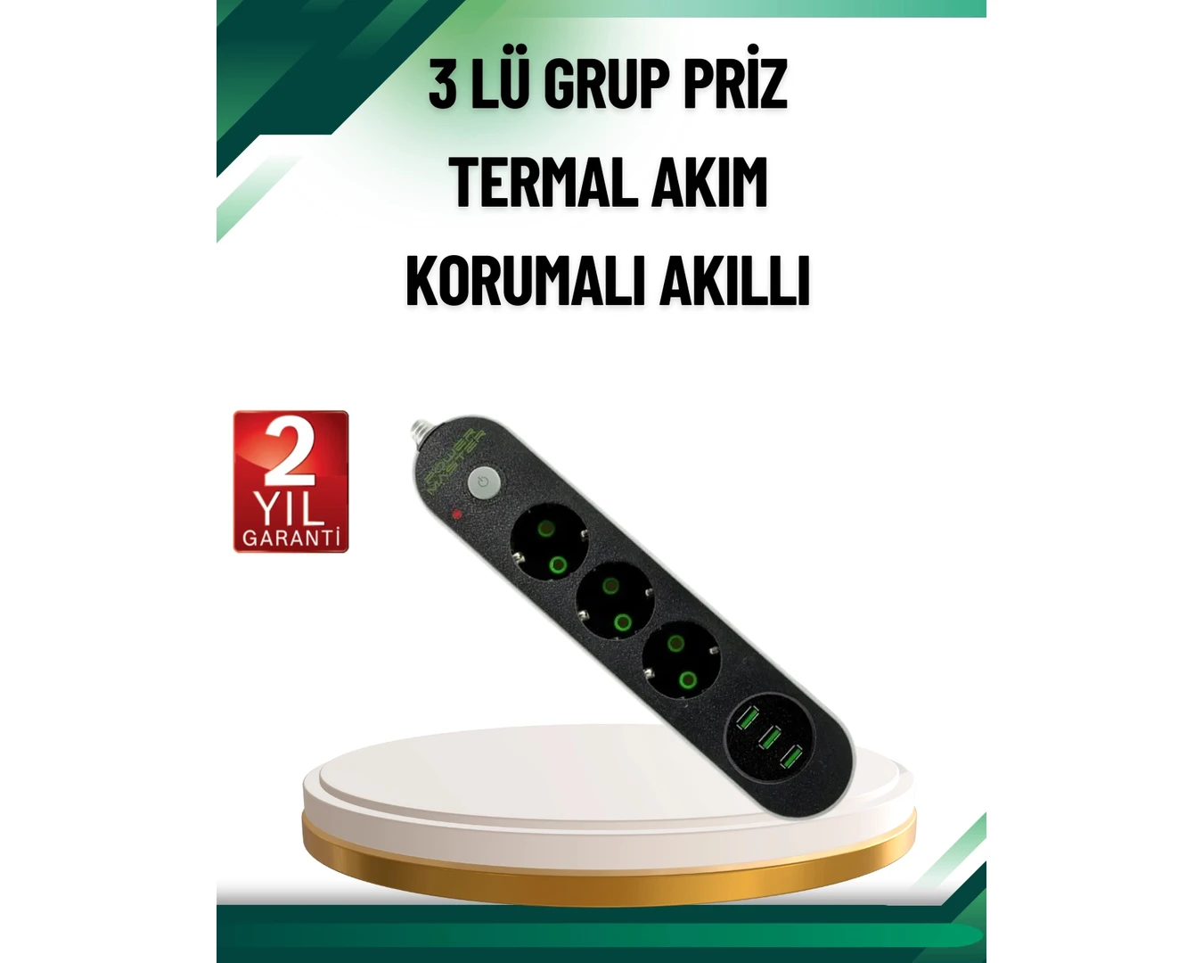 Resim Flamex Akım Korumalı Anahtarlı USB Girişli Üçlü Priz 