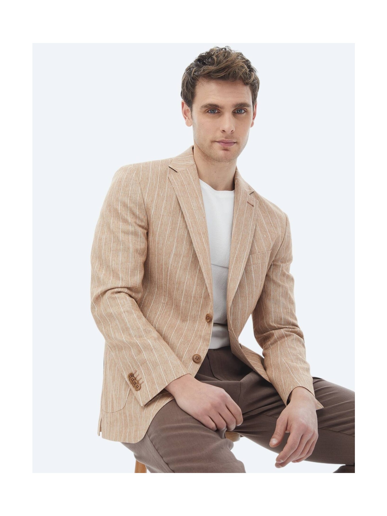 Kip Kiremit Çizgili Modern Fit Pamuk Karışımlı Ceket görsel 8