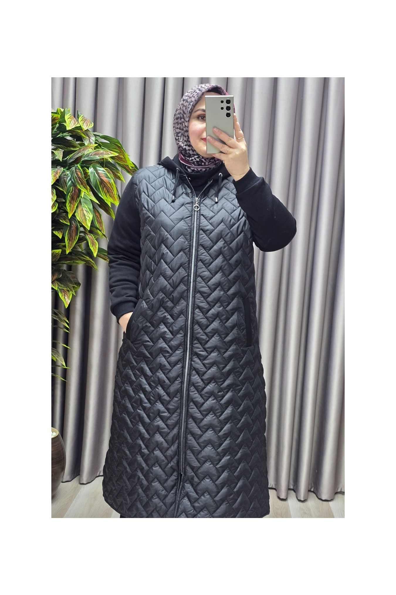 Elmas Tesettür Kadın Giyim Büyük Beden Kapitone Çavuş Desen Kolları Üç Iplik Şardonlu Polarlı Tesettür Mont görsel 6