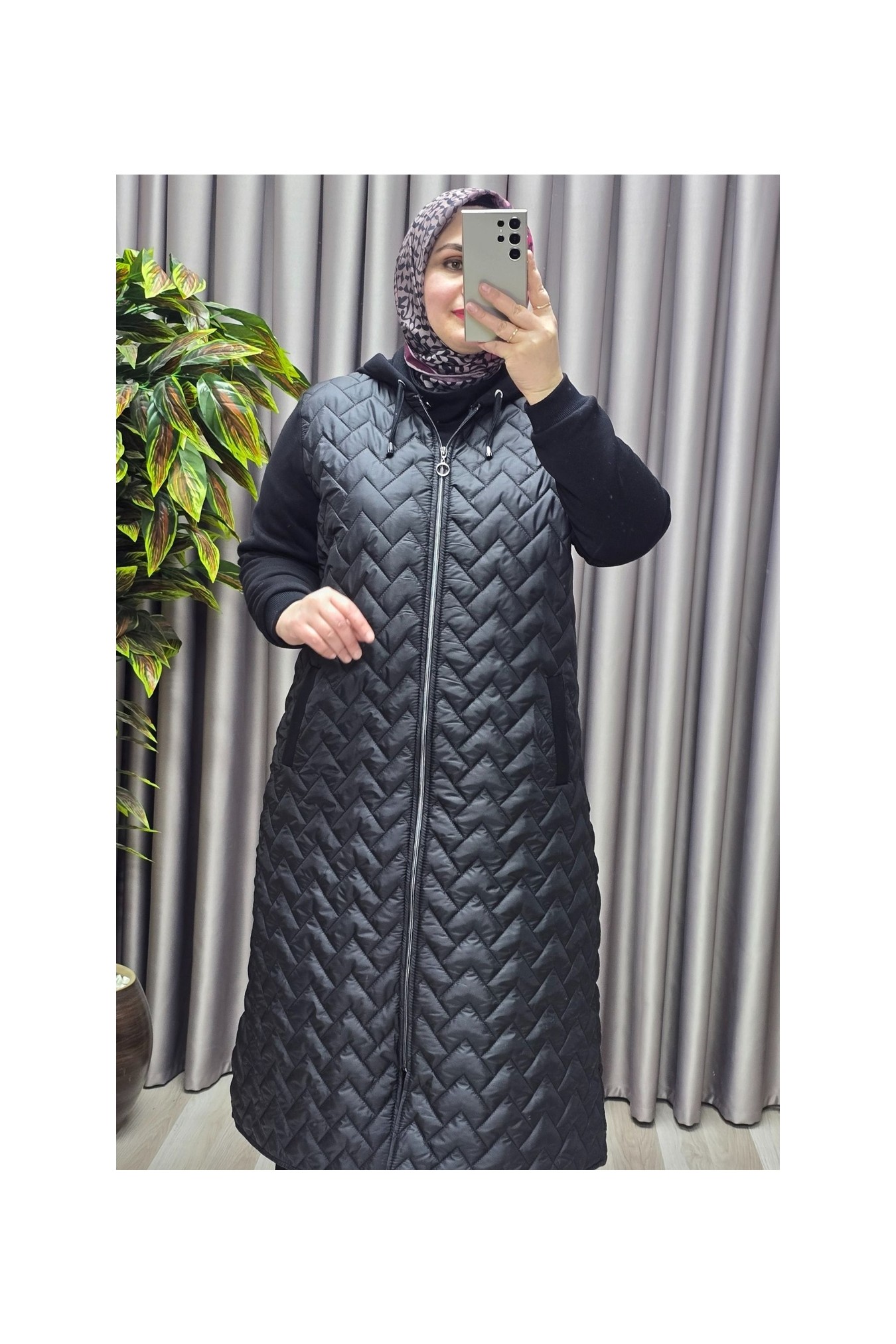 Elmas Tesettür Kadın Giyim Büyük Beden Kapitone Çavuş Desen Kolları Üç Iplik Şardonlu Polarlı Tesettür Mont görsel 8