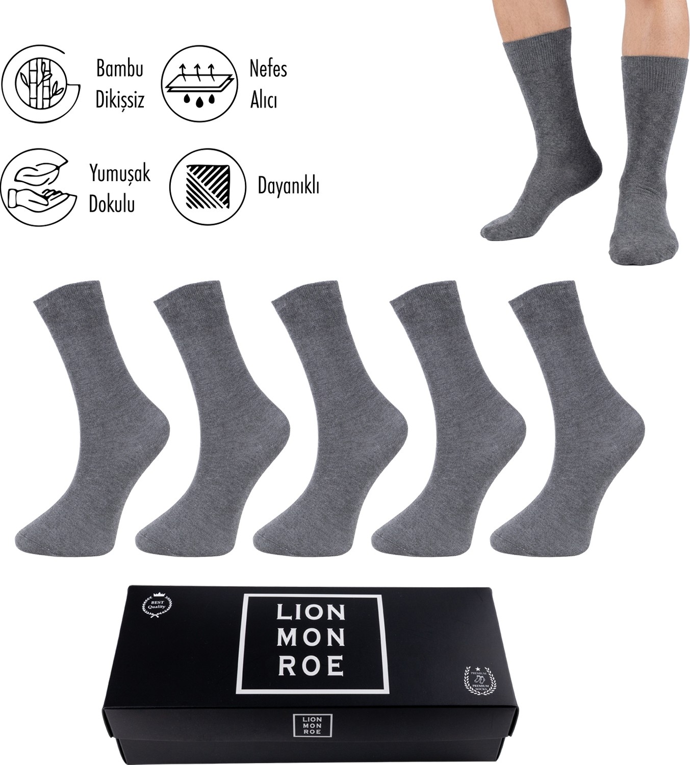 Lion Monroe Saf Bambu Erkek Soket Uzun Düz Çorap Dikişsiz Premium Kutulu 5'li L5952AZNB Softaura