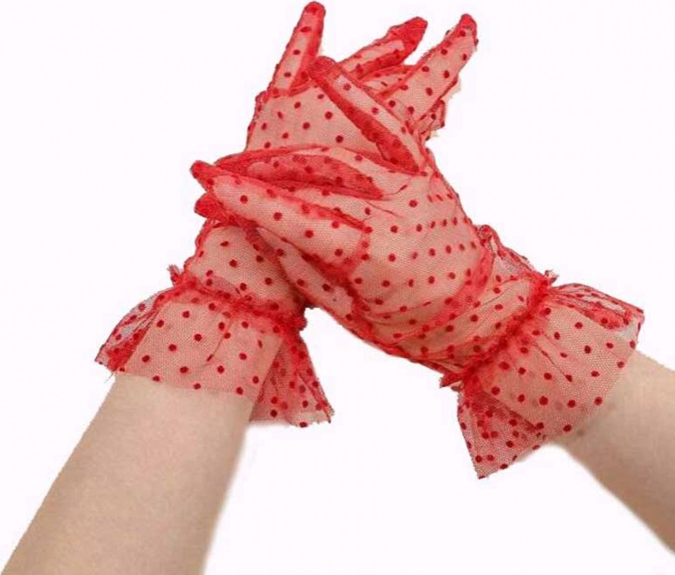 Pileli Store Kısa Boy Güpürlü Kırmızı Puantiyeli Tül Eldiven Kırmızı Renk
