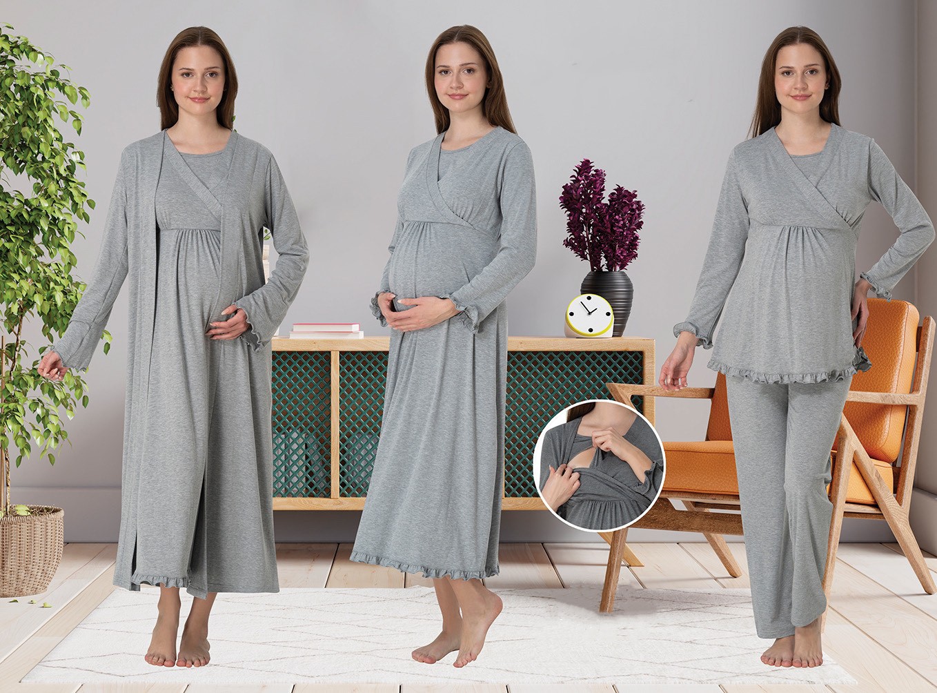 Effort t Dvina Effortt Lohusa 4'lü Set - Sabahlık/pijama Takımı/gecelik İndigo - 4046 görsel 2