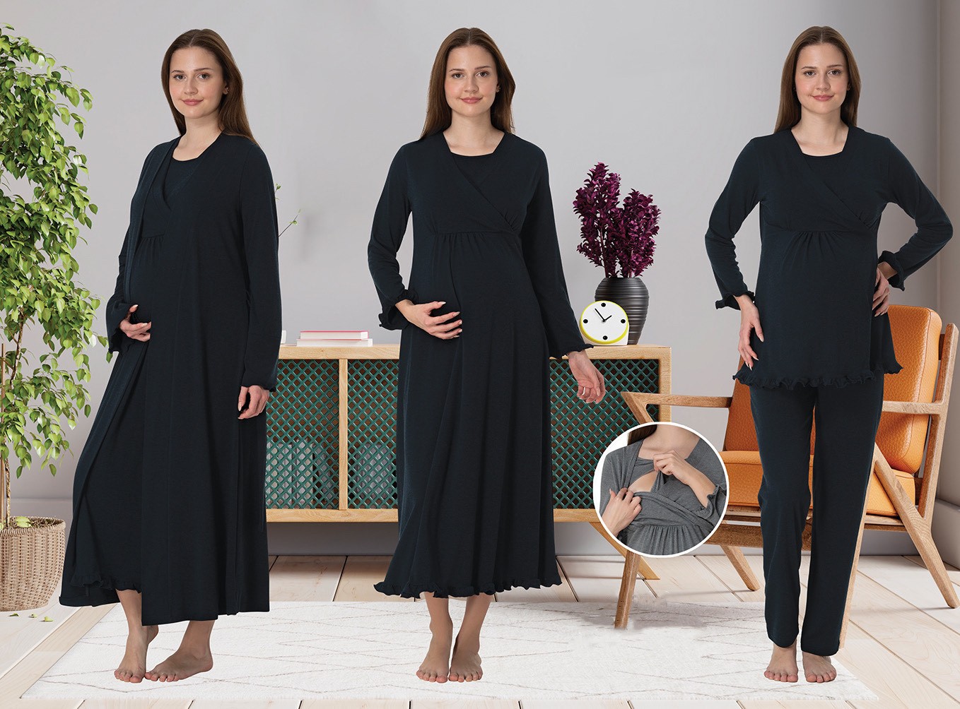 Effort t Dvina Effortt Lohusa 4'lü Set - Sabahlık/pijama Takımı/gecelik İndigo - 4046