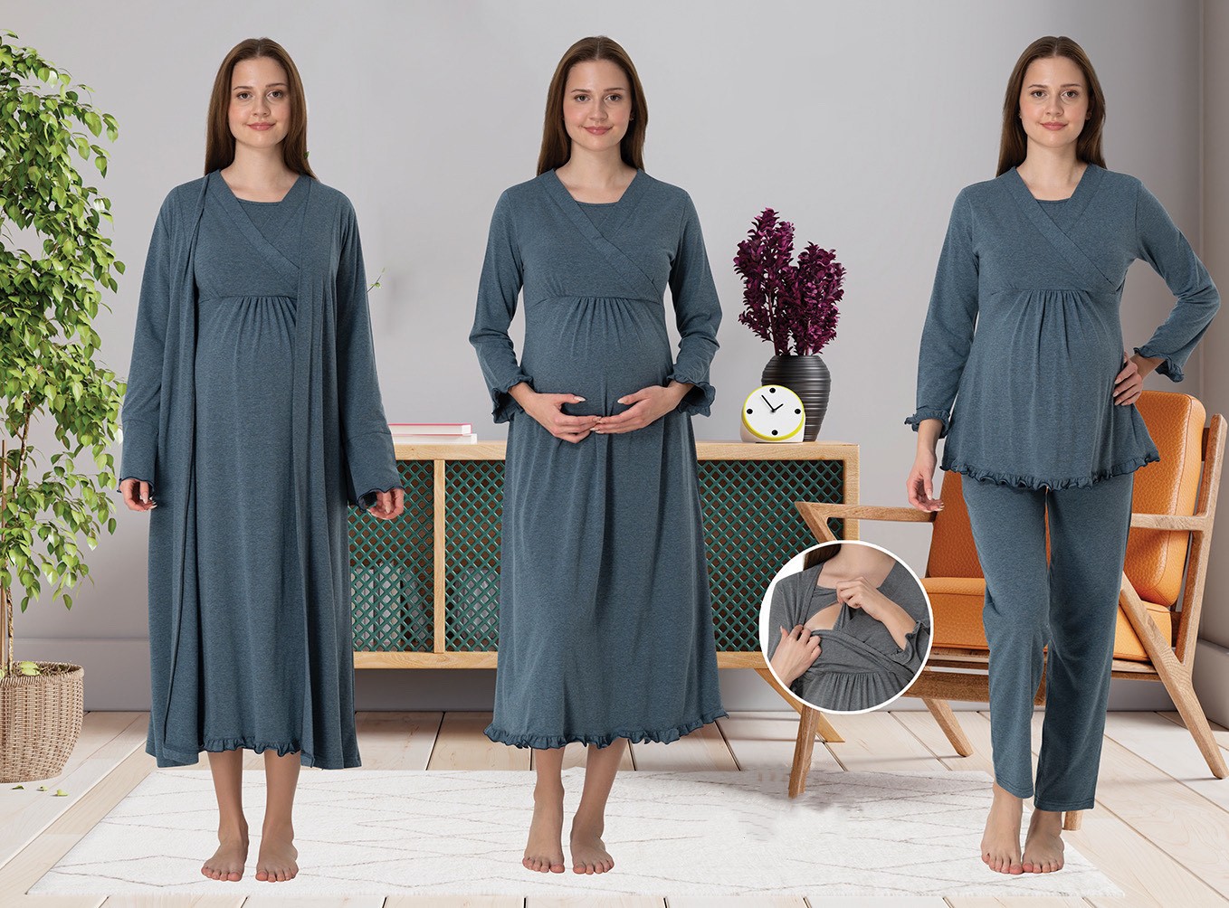 Effort t Dvina Effortt Lohusa 4'lü Set - Sabahlık/pijama Takımı/gecelik İndigo - 4046