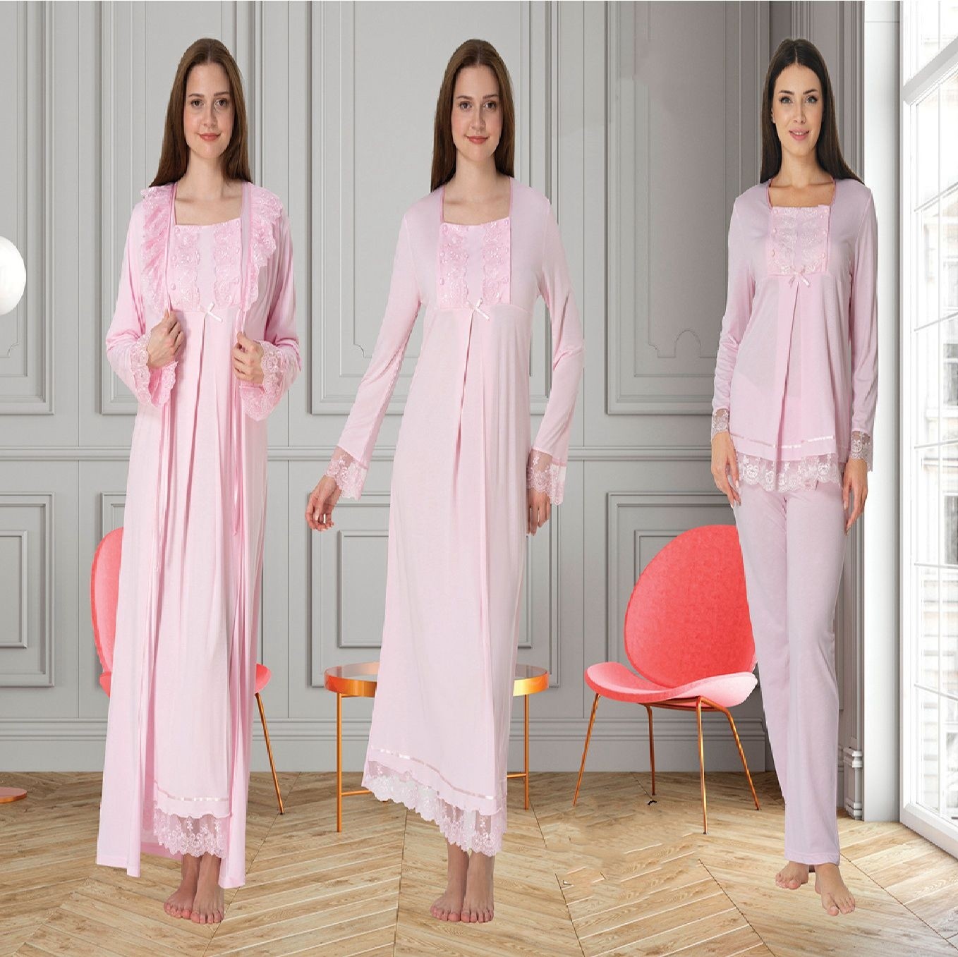 Effort Dvina Effortt Lohusa 4'lü Set - Sabahlık/pijama Takımı/gecelik Mavi - 3046
