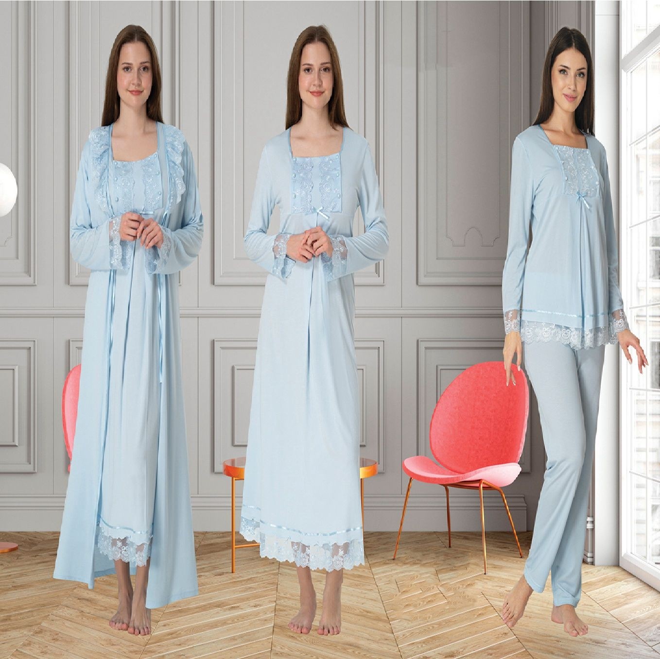 Effort Dvina Effortt Lohusa 4'lü Set - Sabahlık/pijama Takımı/gecelik Mavi - 3046 görsel 5