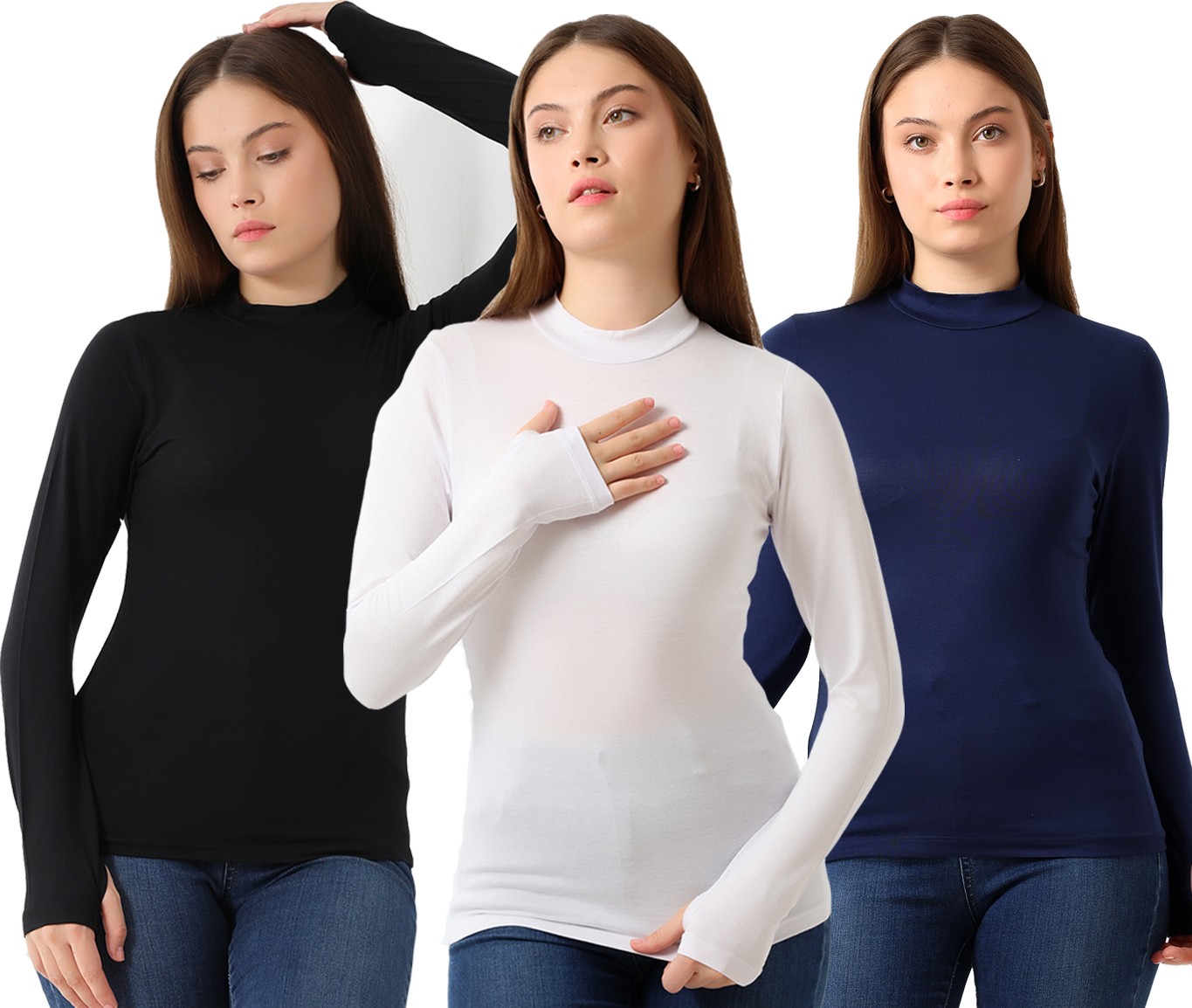 Endies Kadın 3'lü Paket Parmak Detaylı Body 31756 Siyah-Beyaz-Lacivert