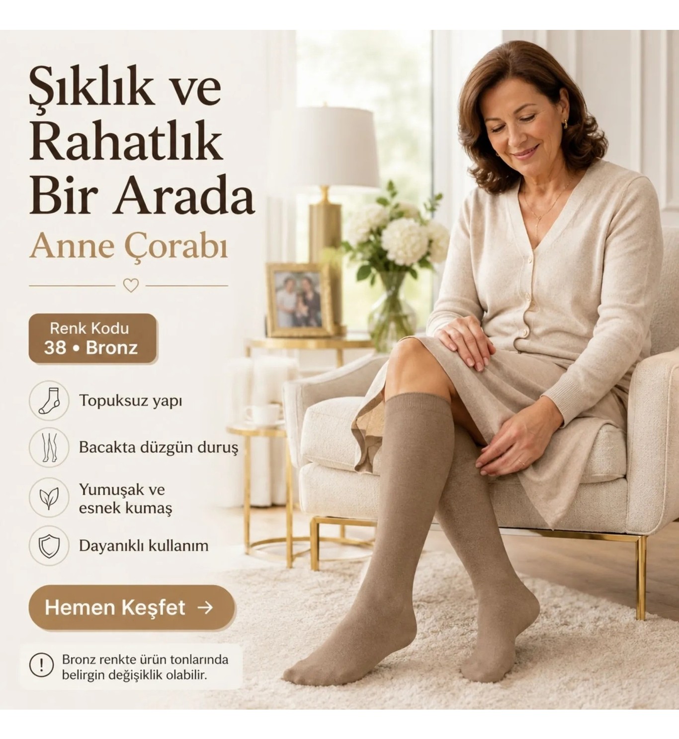 Fantezia Wak Kadın 40 Denye 12'li Ince Anne Çorabı Dizaltı Topuksuz Esnek Günlük Kullanım Çorabı Ten Siyah Bronz Vizon görsel 7