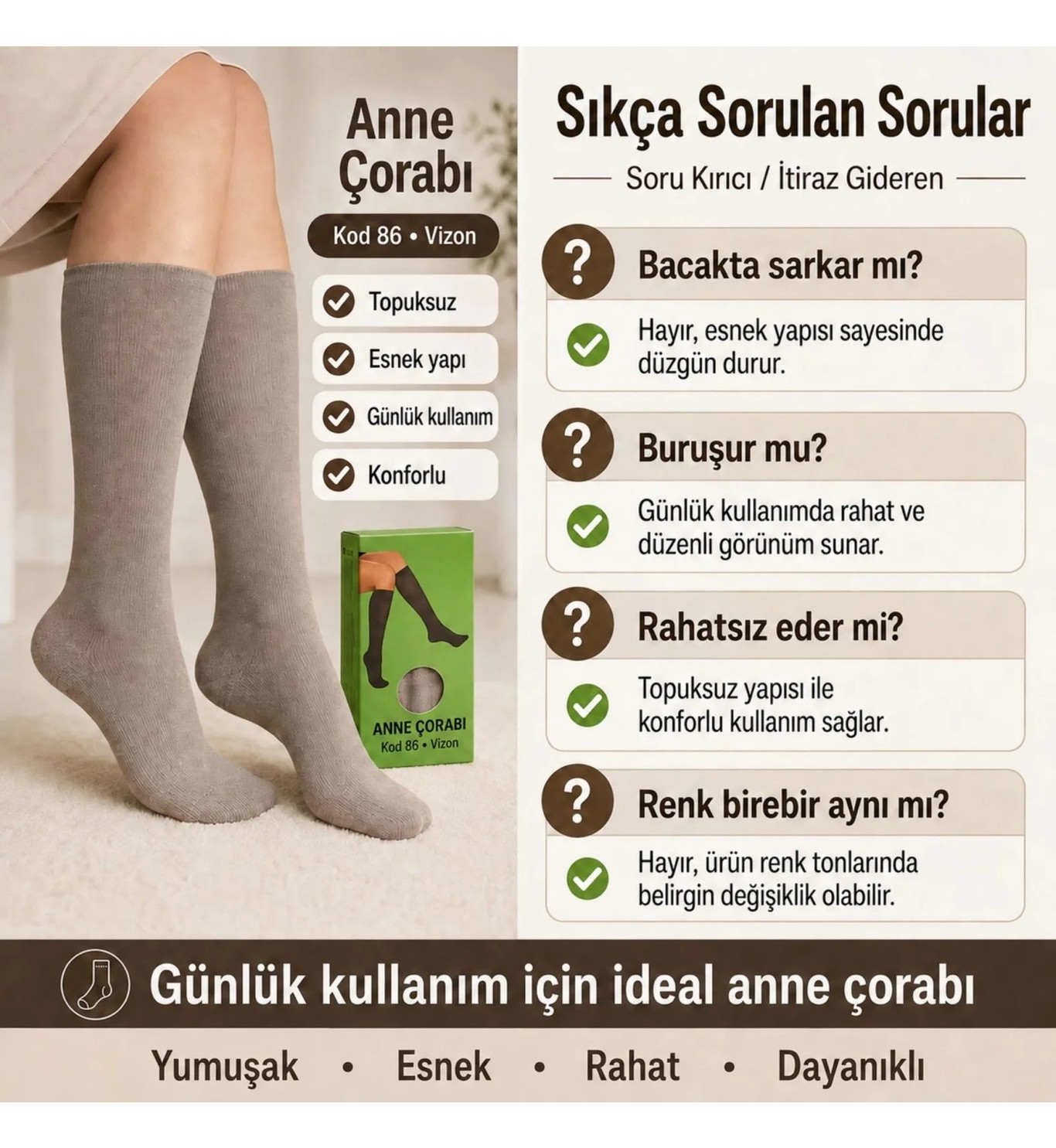 Fantezia Wak Kadın 70 Denye 12'li Kalın Anne Çorabı Dizaltı Topuksuz Esnek Günlük Kullanım Çorabı Ten Siyah Bronz Vizon görsel 6