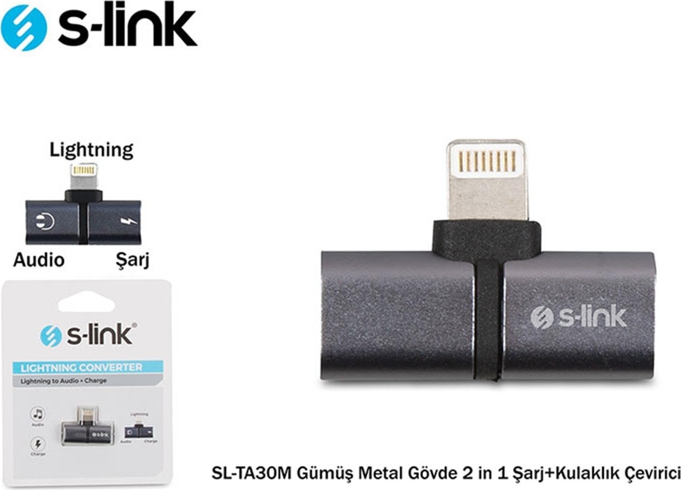 Die Grup S-Link SL-TA30M Lightning Gümüş Metal Gövde 2 In 1 Şarj+Kulaklık Çevirici