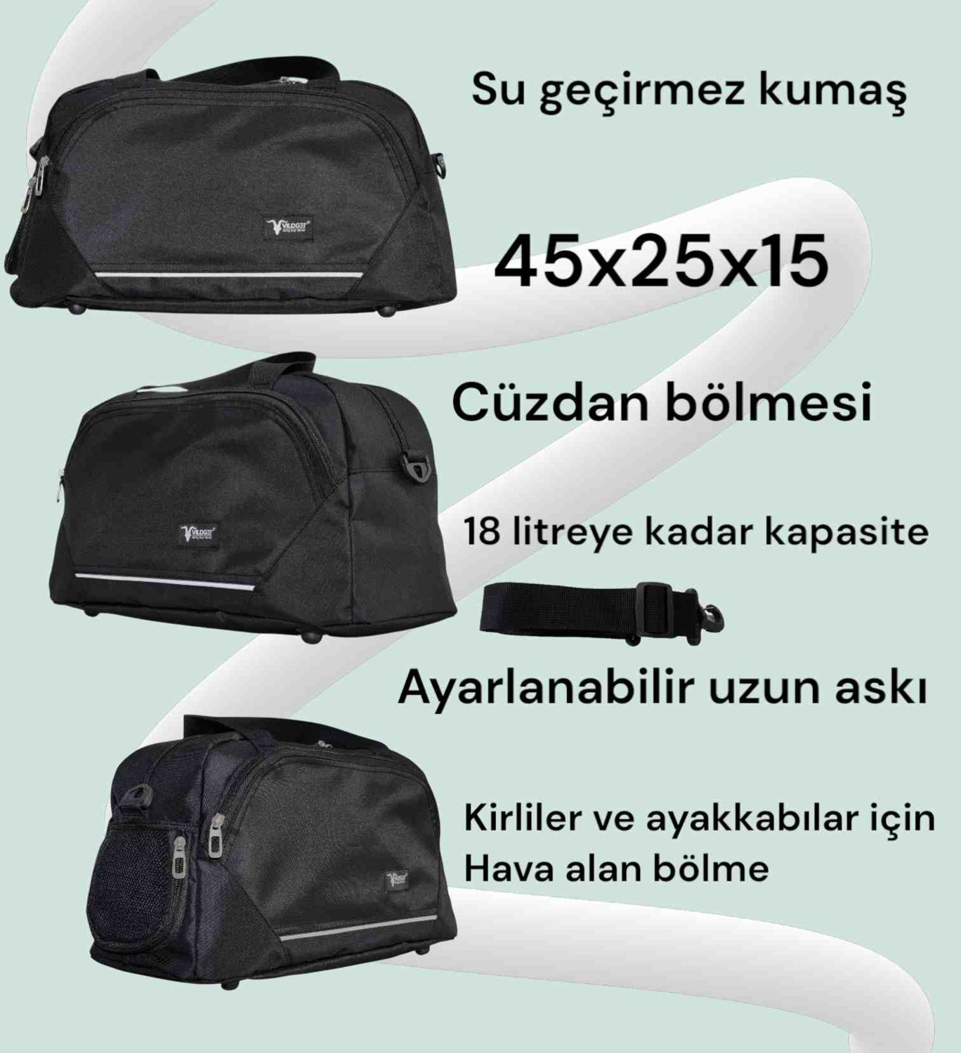 Vildget Unisex Siyah Spor ve Kısa Süreli Seyahatler Için Uygun Spor Çanta görsel 5