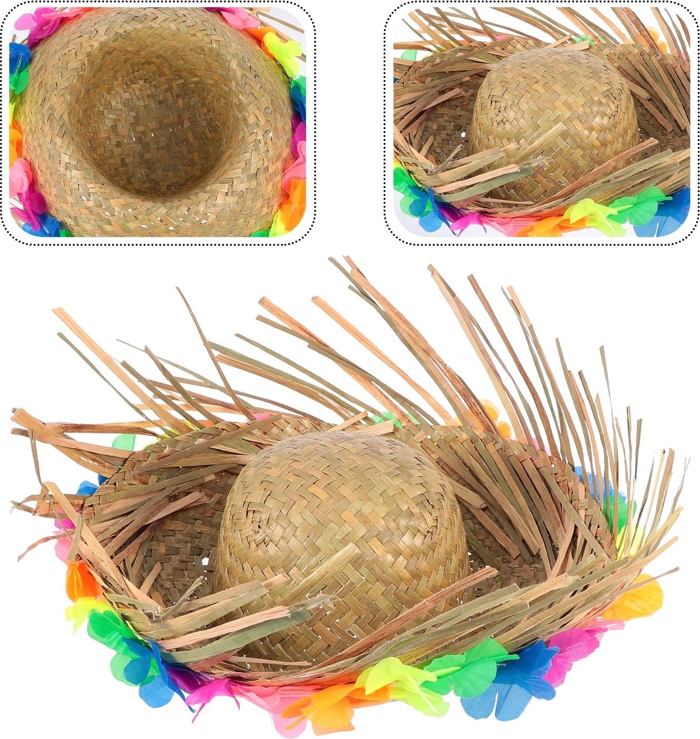 TeknoKapsül Naturel Renk Püsküllü Örme Hasır Hawaii Luau Aloha Şapka 13X36 cm