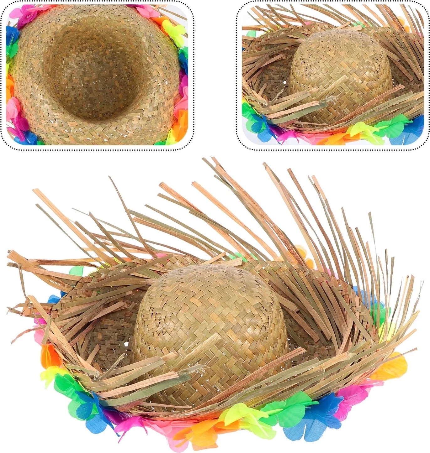 TeknoKapsül Naturel Renk Püsküllü Örme Hasır Hawaii Luau Ha Şapka 13X36 cm