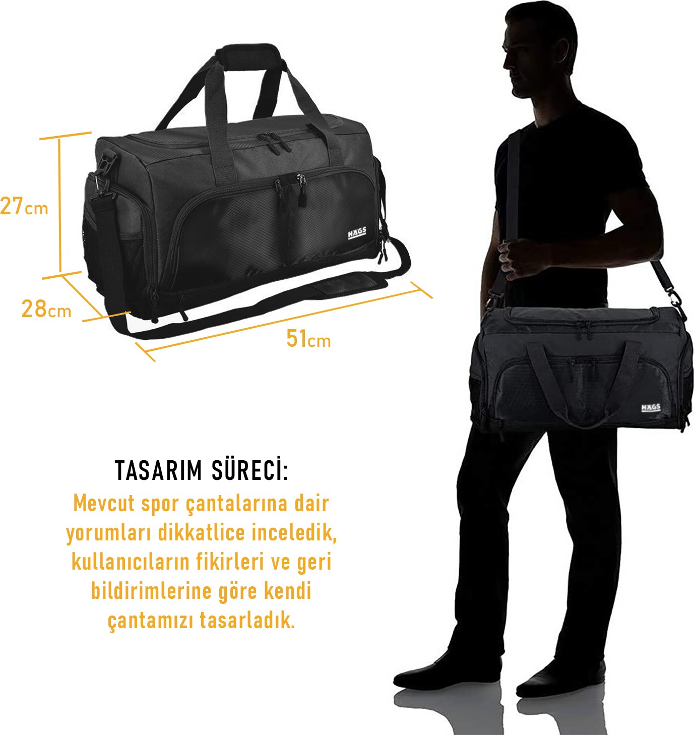 Haegs Spor Çantası, 10 Cepli, Ayakkabı Bölmeli, Dayanıklı Bay Bayan Seyahat Çantası Siyah görsel 3