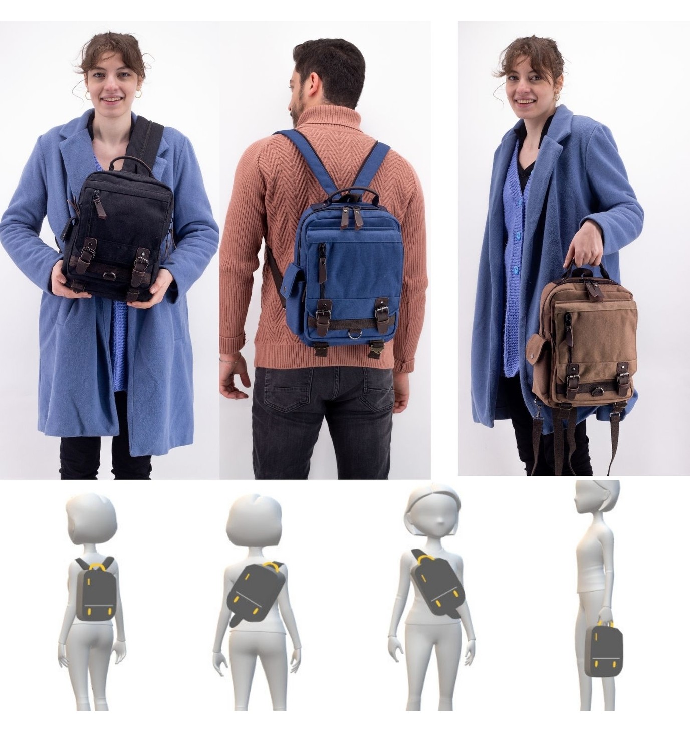 Cappadocia Vintage 4012 Mavi Turuncu Günlük Postacı Küçük Sırt Çapraz Omuz Askılı 14 Inç Laptop Pamuk Gabardin Çantası görsel 6