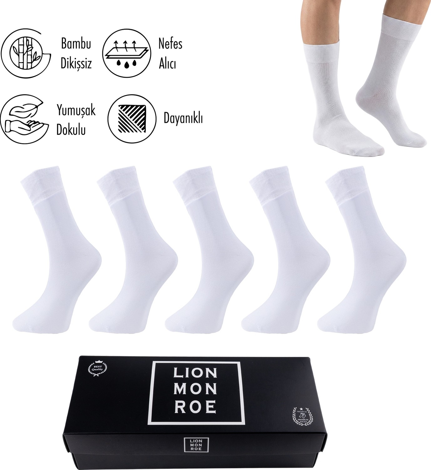 Lion Monroe Saf Bambu Erkek Soket Uzun Düz Çorap Dikişsiz Premium Kutulu 5'li L5952AZNB Softaura