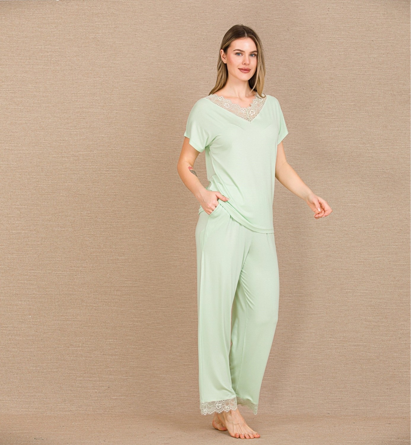 Hace Bazaar Marsilyan- Viskon Şık Tasarım Dantel Işlemeli Açık Yeşil Kısa Kol Pijama Takımı görsel 2