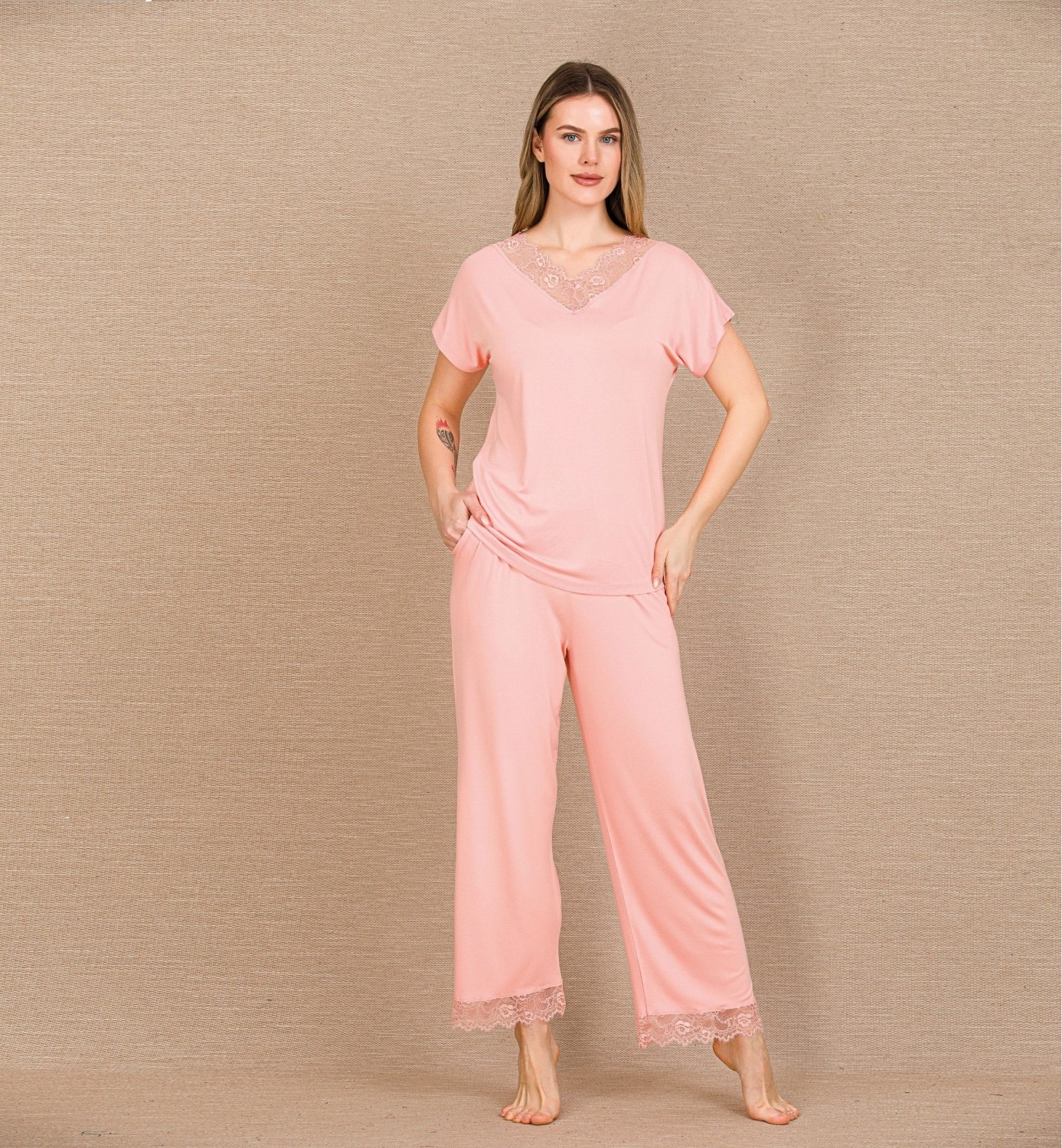 Hace Bazaar Marsilyan™- Viskon Şık Tasarım Dantel Işlemeli Açık Pembe Kısa Kol Pijama Takımı