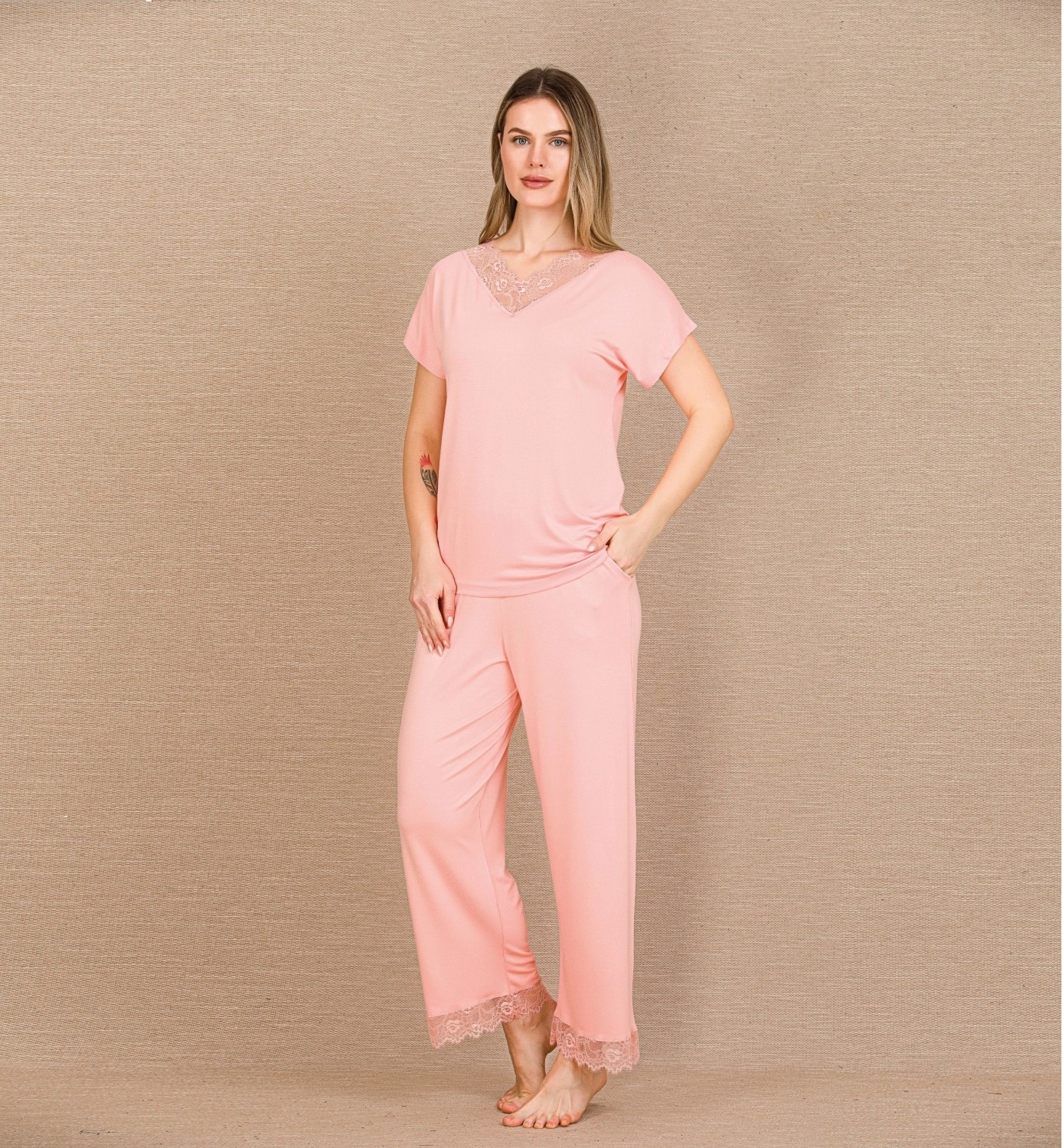 Hace Bazaar Marsilyan™- Viskon Şık Tasarım Dantel Işlemeli Açık Pembe Kısa Kol Pijama Takımı görsel 2