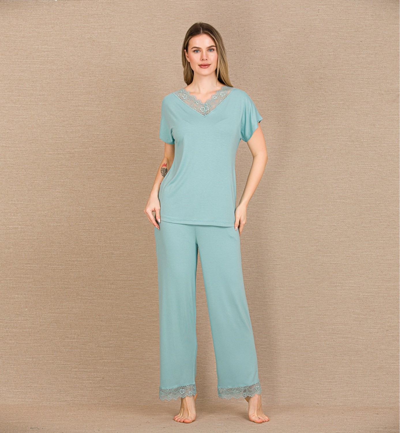 Hace Bazaar Marsilyan™- Viskon Şık Tasarım Dantel Işlemeli Mint Yeşil Kısa Kol Pijama Takımı