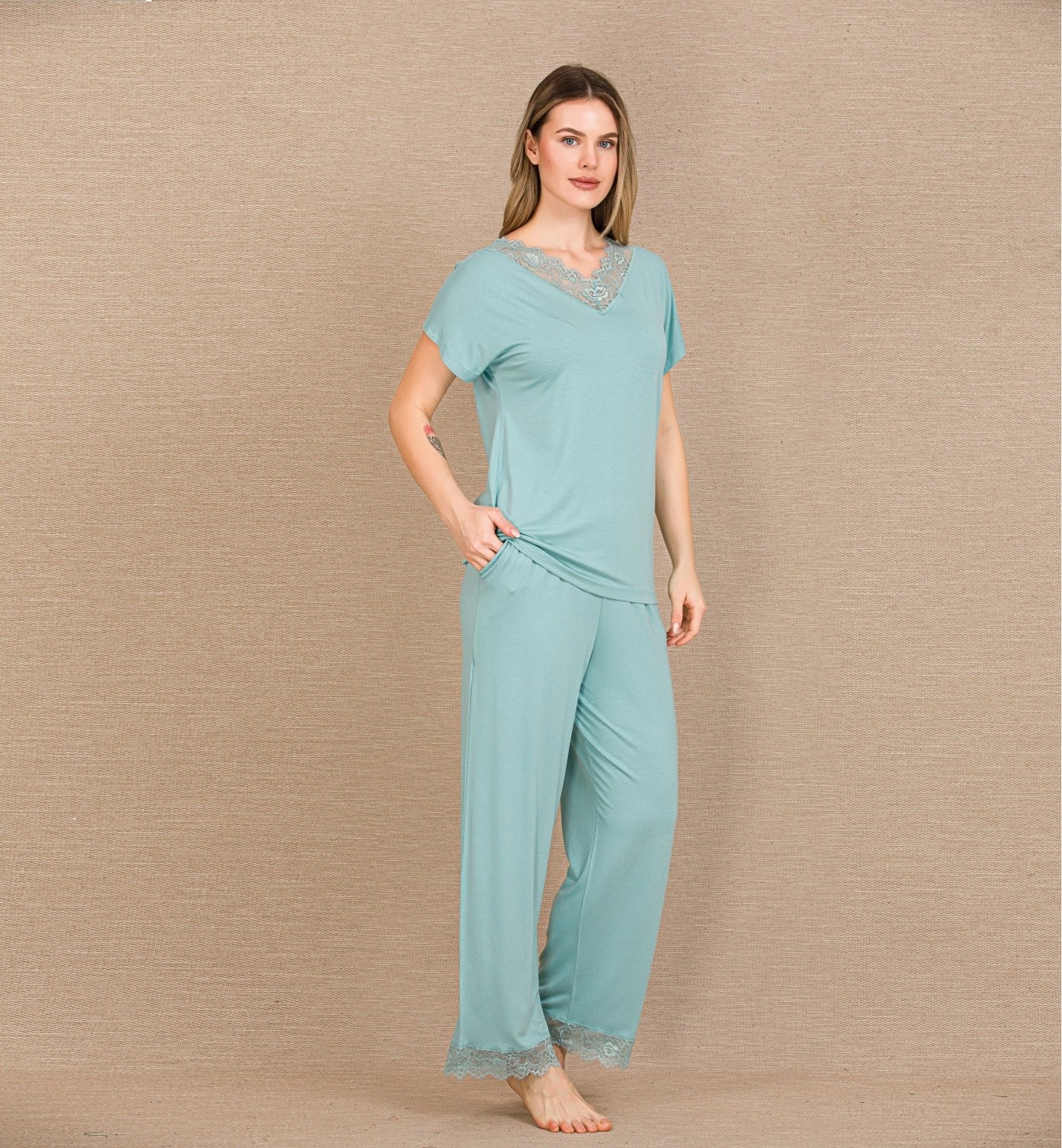 Hace Bazaar Marsilyan™- Viskon Şık Tasarım Dantel Işlemeli Mint Yeşil Kısa Kol Pijama Takımı görsel 2