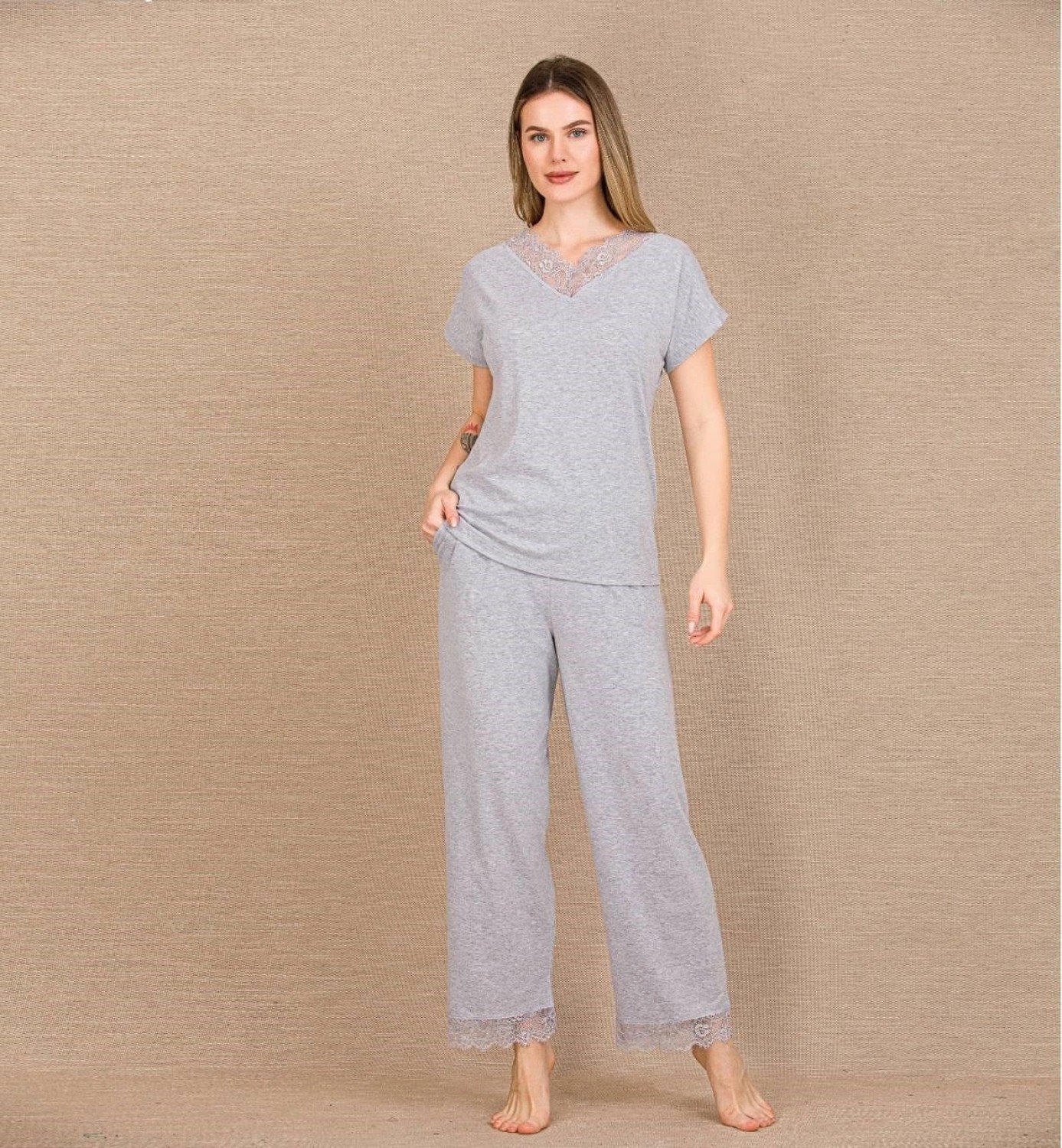 Hace Bazaar Marsilyan- Viskon Şık Tasarım Dantel Işlemeli Gri Kısa Kol Pijama Takımı görsel 2
