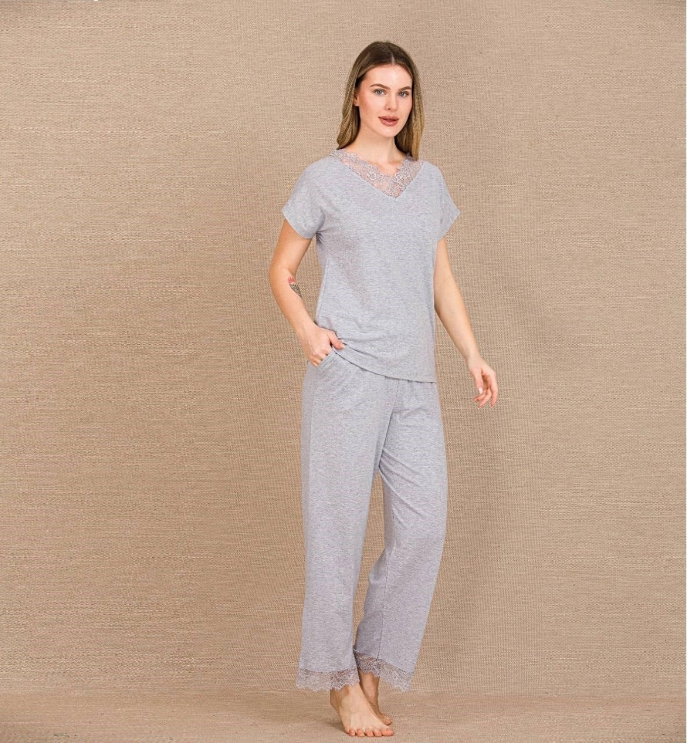 Hace Bazaar Marsilyan™- Viskon Şık Tasarım Dantel Işlemeli Gri Kısa Kol Pijama Takımı
