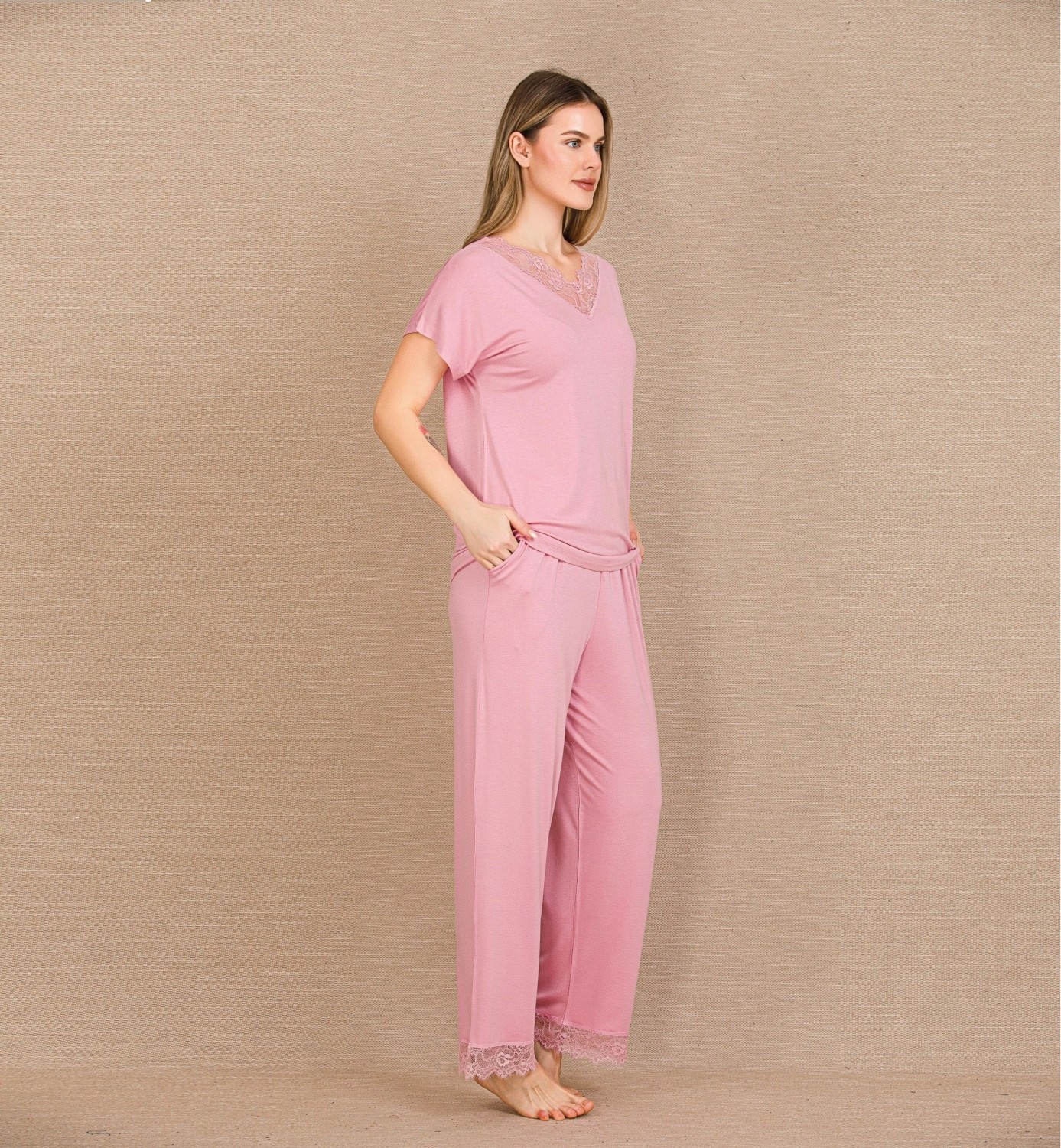 Hace Bazaar Marsilyan™- Viskon Şık Tasarım Dantel Işlemeli Pembe Kısa Kol Pijama Takımı görsel 2