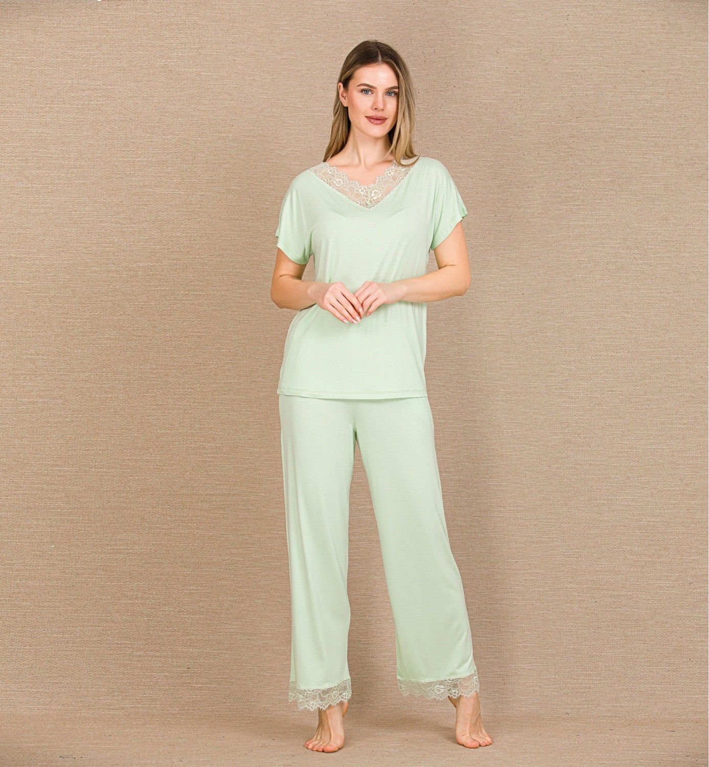 Hace Bazaar Marsilyan™- Viskon Şık Tasarım Dantel Işlemeli Açık Yeşil Kısa Kol Pijama Takımı