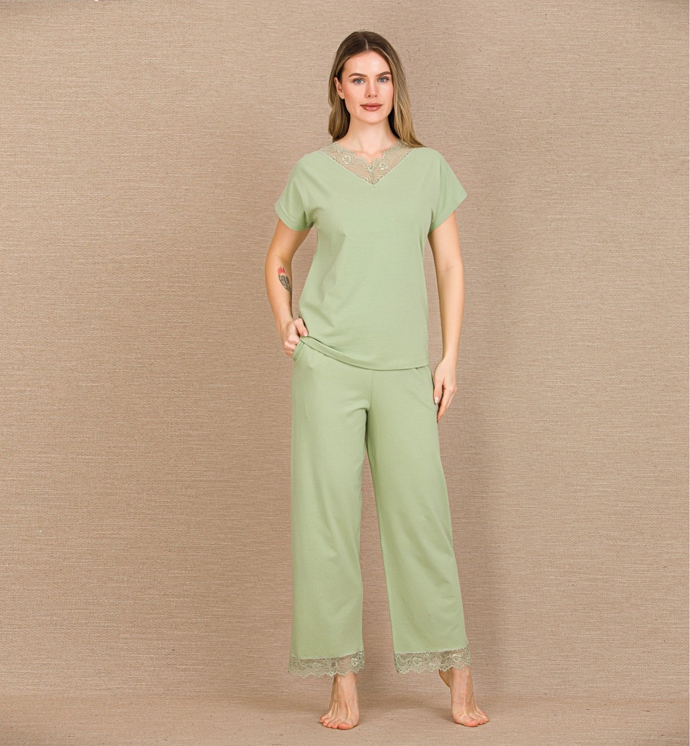 Hace Bazaar Marsilyan™- Pamuklu Şık Tasarım Dantel Işlemeli Yeşil Kısa Kol Pijama Takımı