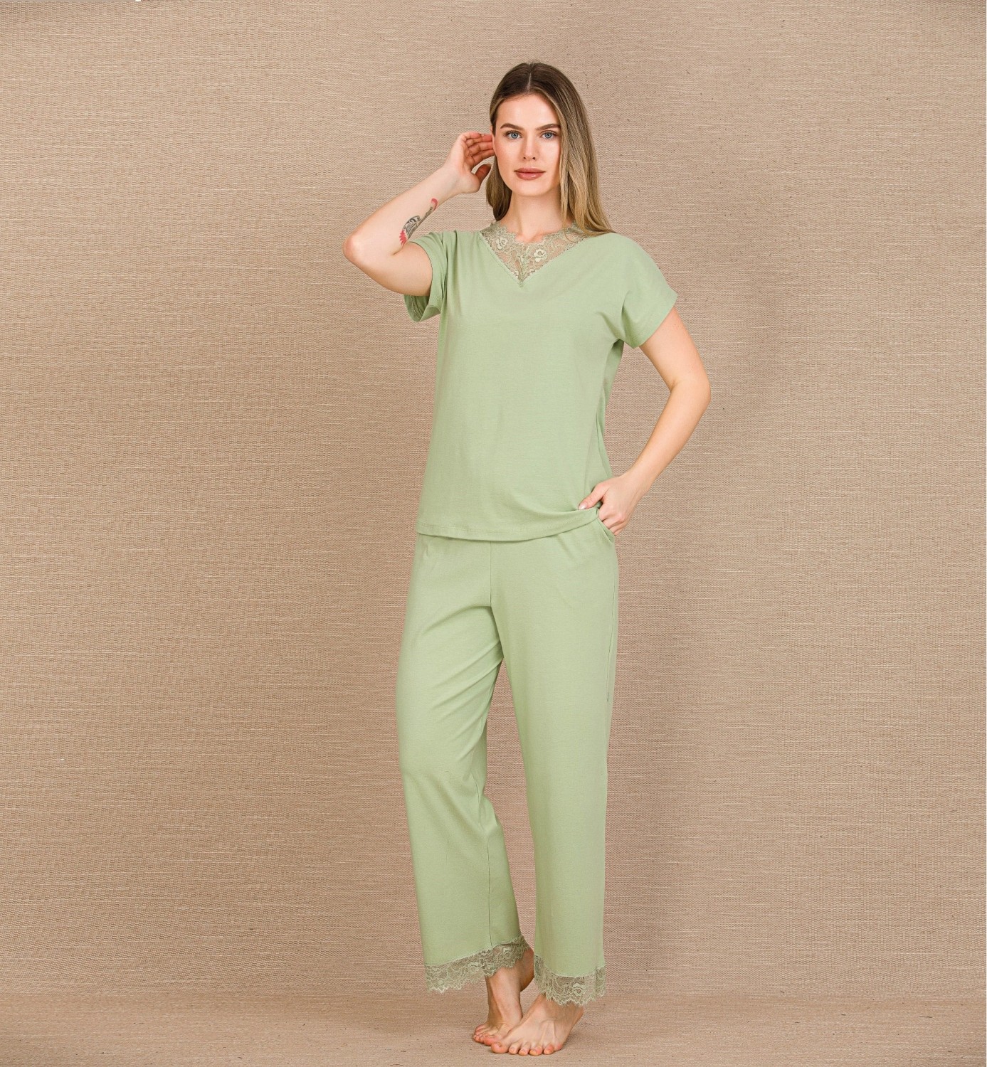 Hace Bazaar Marsilyan™- Pamuklu Şık Tasarım Dantel Işlemeli Yeşil Kısa Kol Pijama Takımı görsel 2
