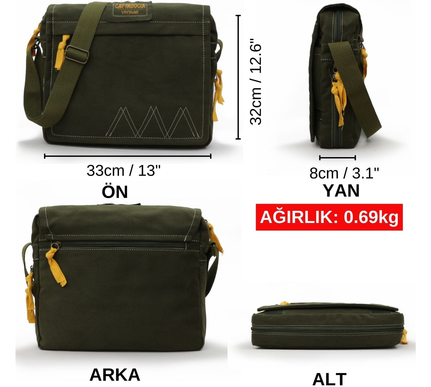 Cappadocia Vintage 4009 Ephesus Salaş Omuz Postacı Yeşil Krem 15.6 Inç Laptop Okul Seyahat Günlük Vintage Pamuk Çanta görsel 7